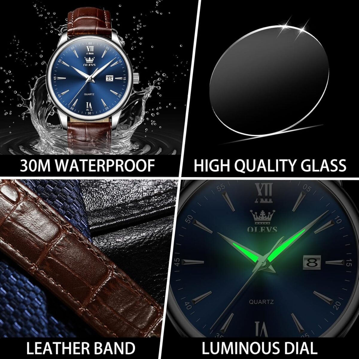 OLEVS Men Leather Watch,Mens Wrist Watches,Big Face Watches for Men,Leather Band Watches for Men,Day Date Watches for Men,Waterproof Watches for Men,Men Classic Watch,Reloj para Hombres - Image 5