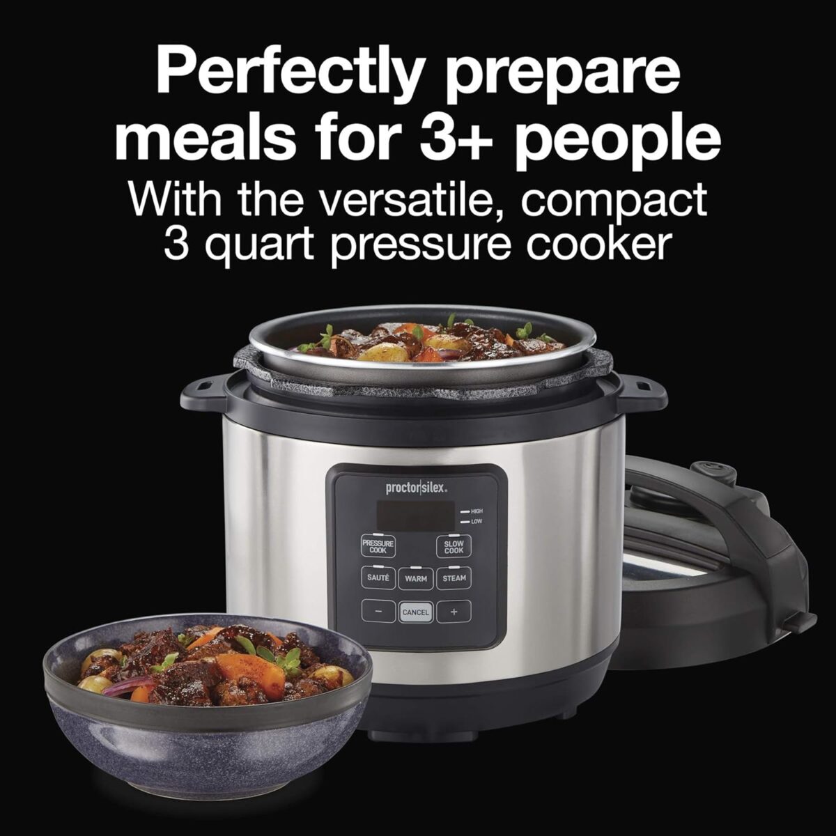 Proctor Silex Proctor-Silex Simplicity 4-in-1 Electric Pressure Cooker, 3 Quart Multi-Function With Slow Cook, Steam, Sauté, Rice, Stainless Steel (34503) - Image 3