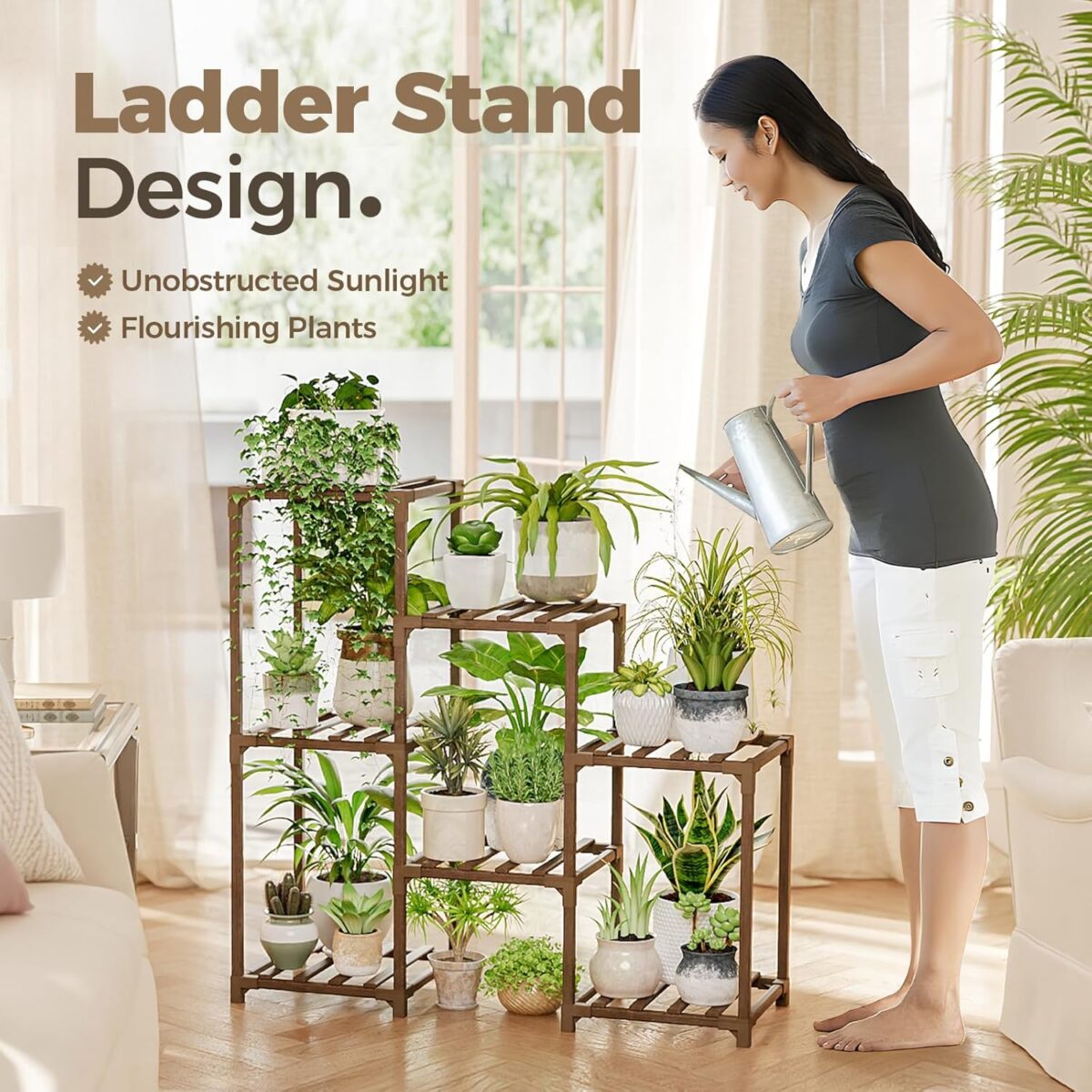 Bamworld Plant Stand Indoor Plant Shelf Outdoor Wood Plant Rack for Multiple Plants 3 Tiers Ladder Plant Holder for Living Room Patio Boho Home Decor for Gardening - Image 6