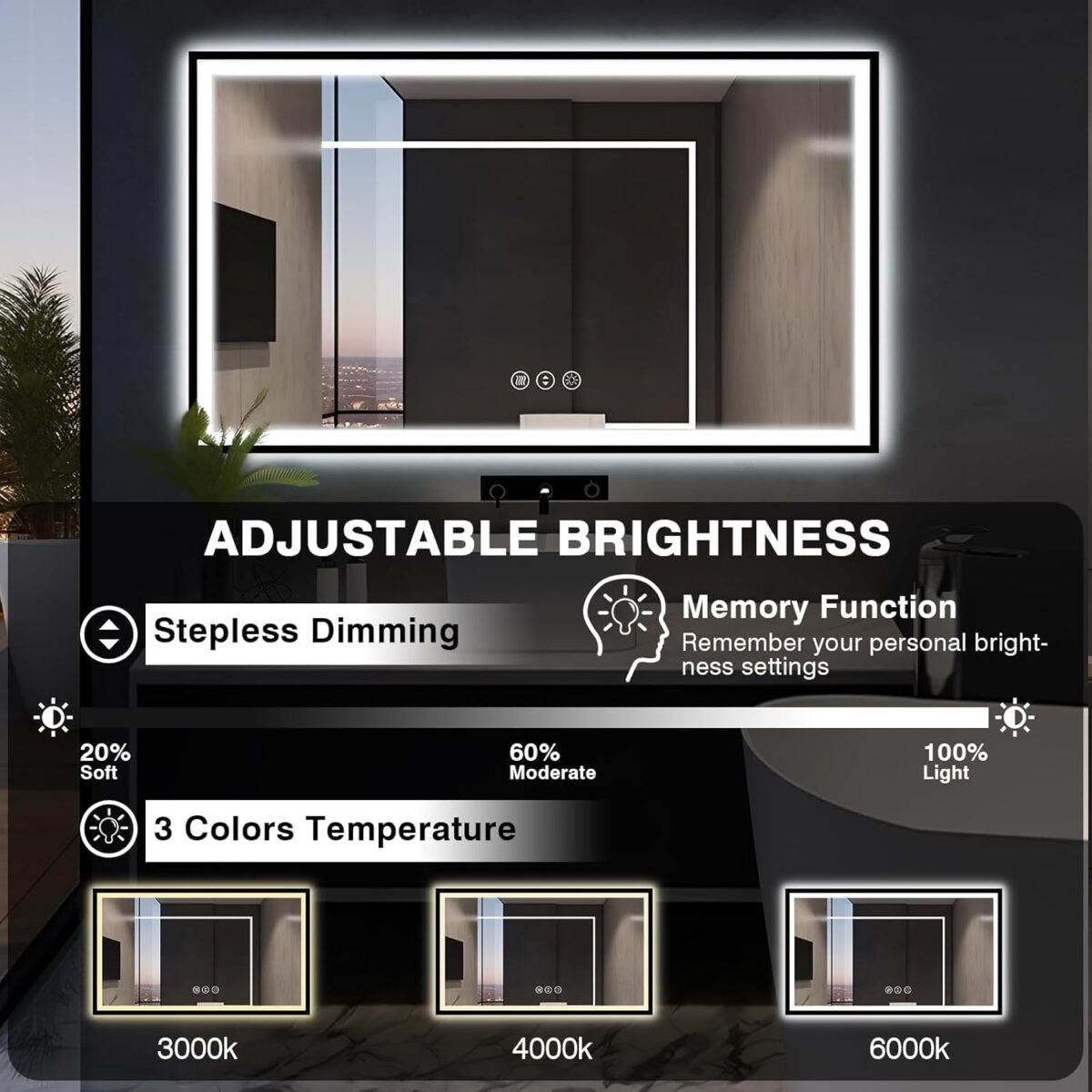60x30 Large LED Bathroom Vanity Mirror - Black Aluminum Framed, Anti-Fog Illuminated, Stepless Dimmable, 3 Colors Smart (Horizontal/Vertical) - Image 5