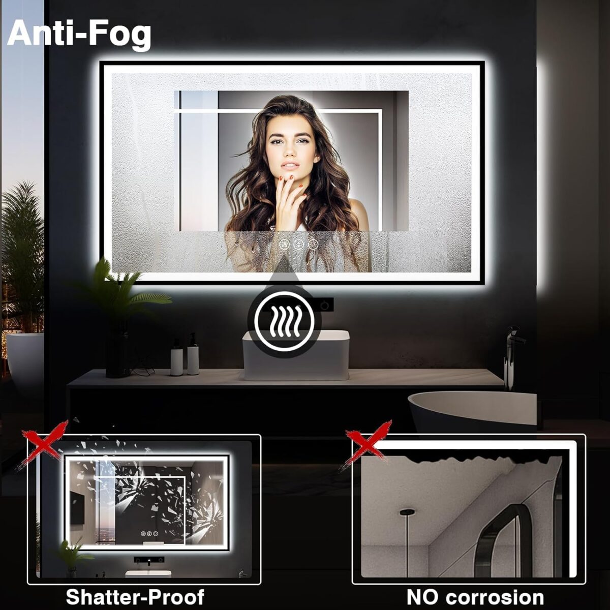 60x30 Large LED Bathroom Vanity Mirror - Black Aluminum Framed, Anti-Fog Illuminated, Stepless Dimmable, 3 Colors Smart (Horizontal/Vertical) - Image 6