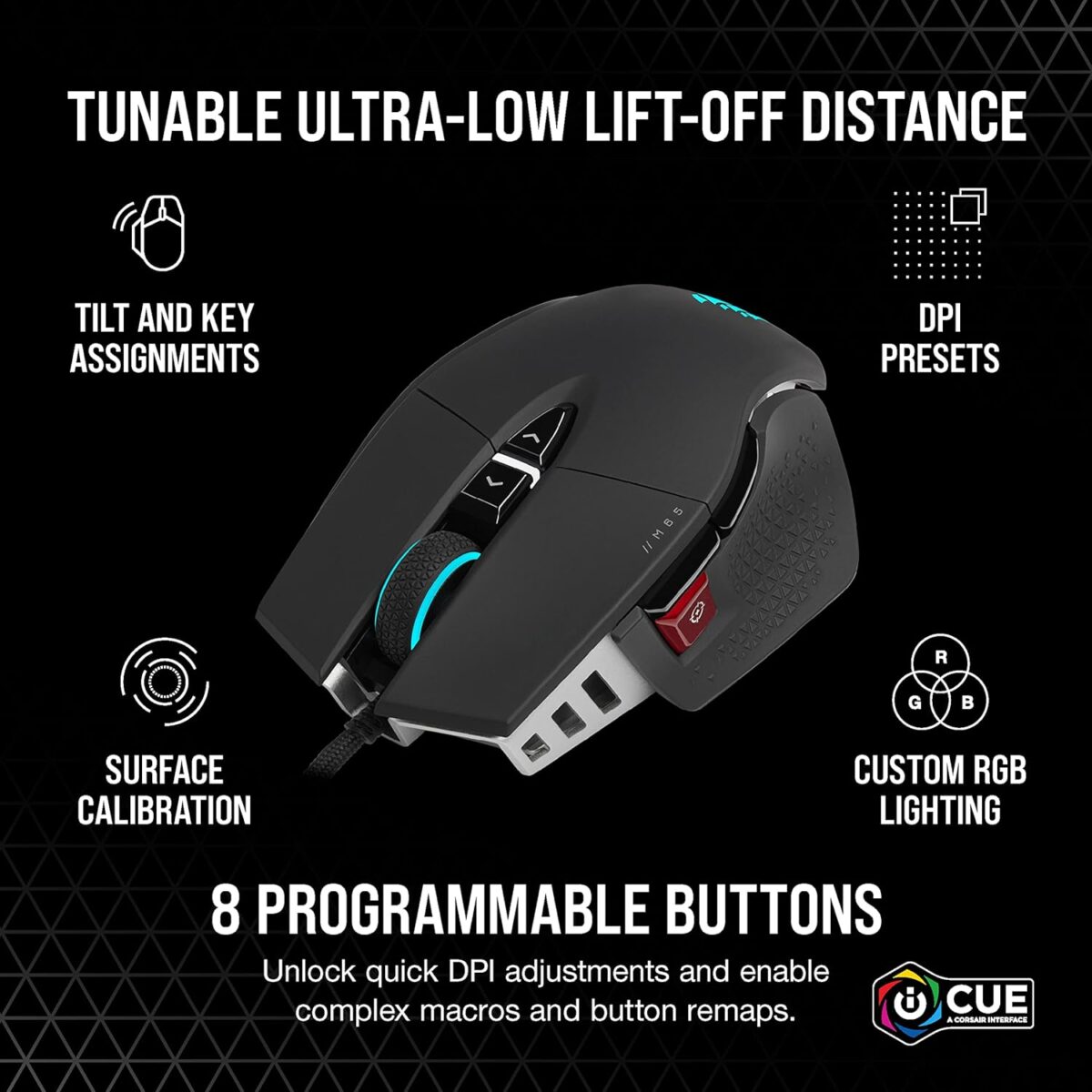 Corsair M65 RGB Ultra Tunable FPS Gaming Mouse Marksman 26,000 DPI Optical Sensor, Optical Switches, AXON Hyper-Processing Technology, Sensor Fusion Control, Tunable Weight System - Black - Image 8