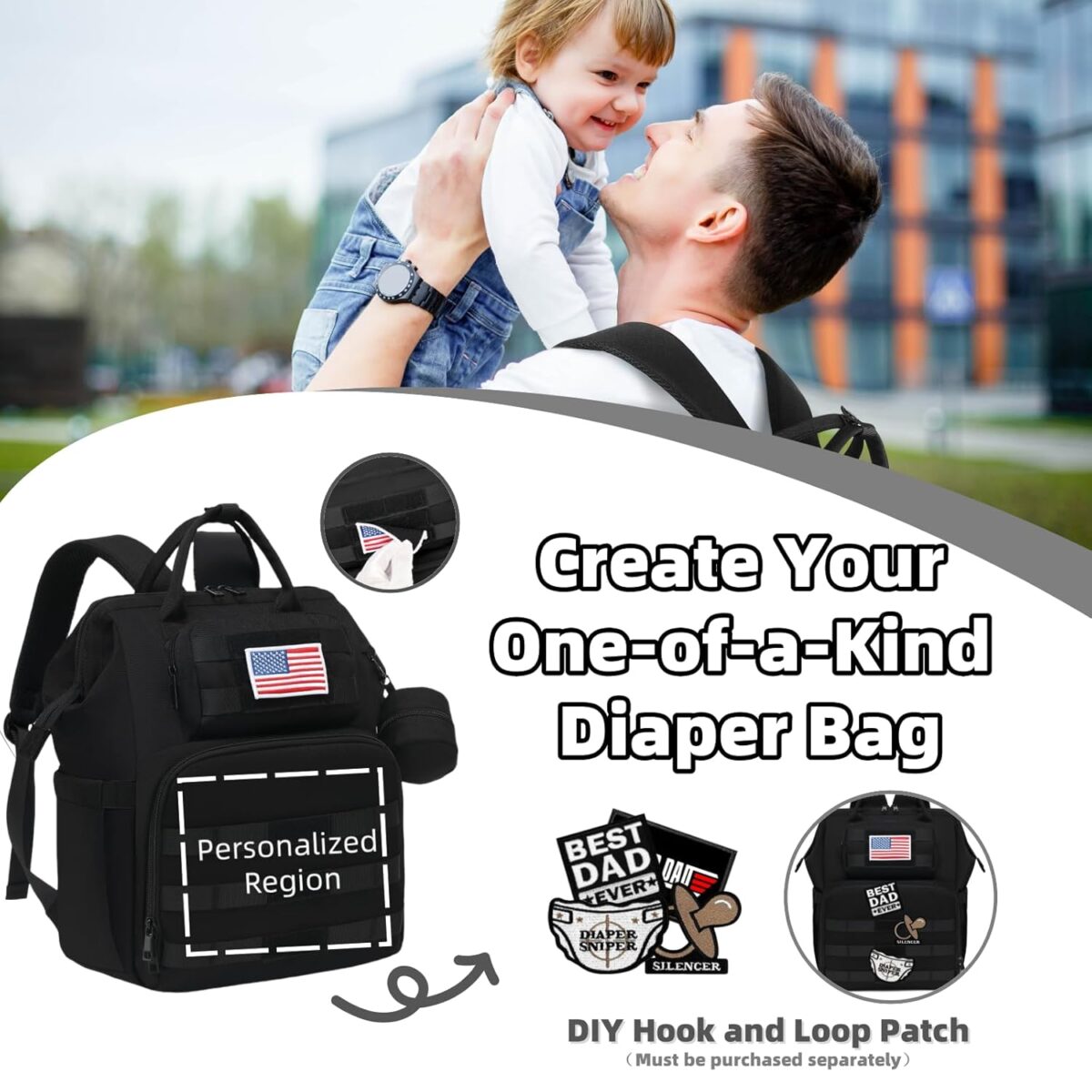 Diaper Bag Backpack for Dad and Men, Large Travel Baby Bag with Changing Pad, Pacifier Case, Removable Flag Patch - Baby Shower Gifts - Shadow Black - Image 3