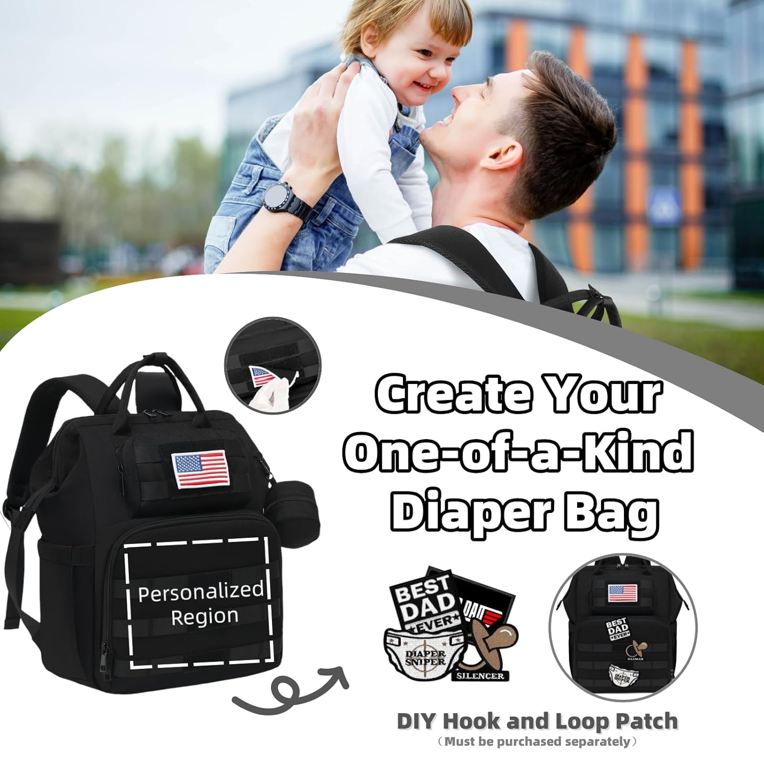 1760930067_Diaper-Bag-Backpack-for-Dad-and-Men-Large-Travel-Baby-Bag-with-Changing-Pad-Pacifier-Case-Removable-Flag-Patch-Baby-Shower-Gifts-Shadow-Black.jpg Diaper Bag Backpack for Dad and Men, Large Travel Baby Bag with Changing Pad, Pacifier Case, Removable Flag Patch - Baby Shower Gifts - Shadow Black - Image 3