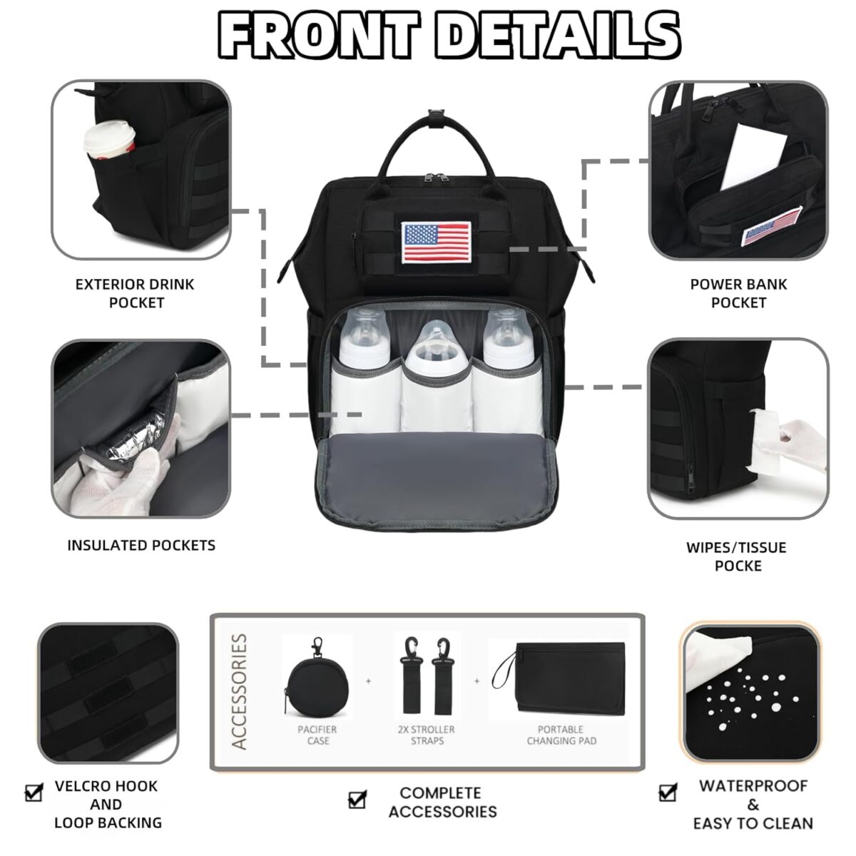 Diaper Bag Backpack for Dad and Men, Large Travel Baby Bag with Changing Pad, Pacifier Case, Removable Flag Patch - Baby Shower Gifts - Shadow Black - Image 6