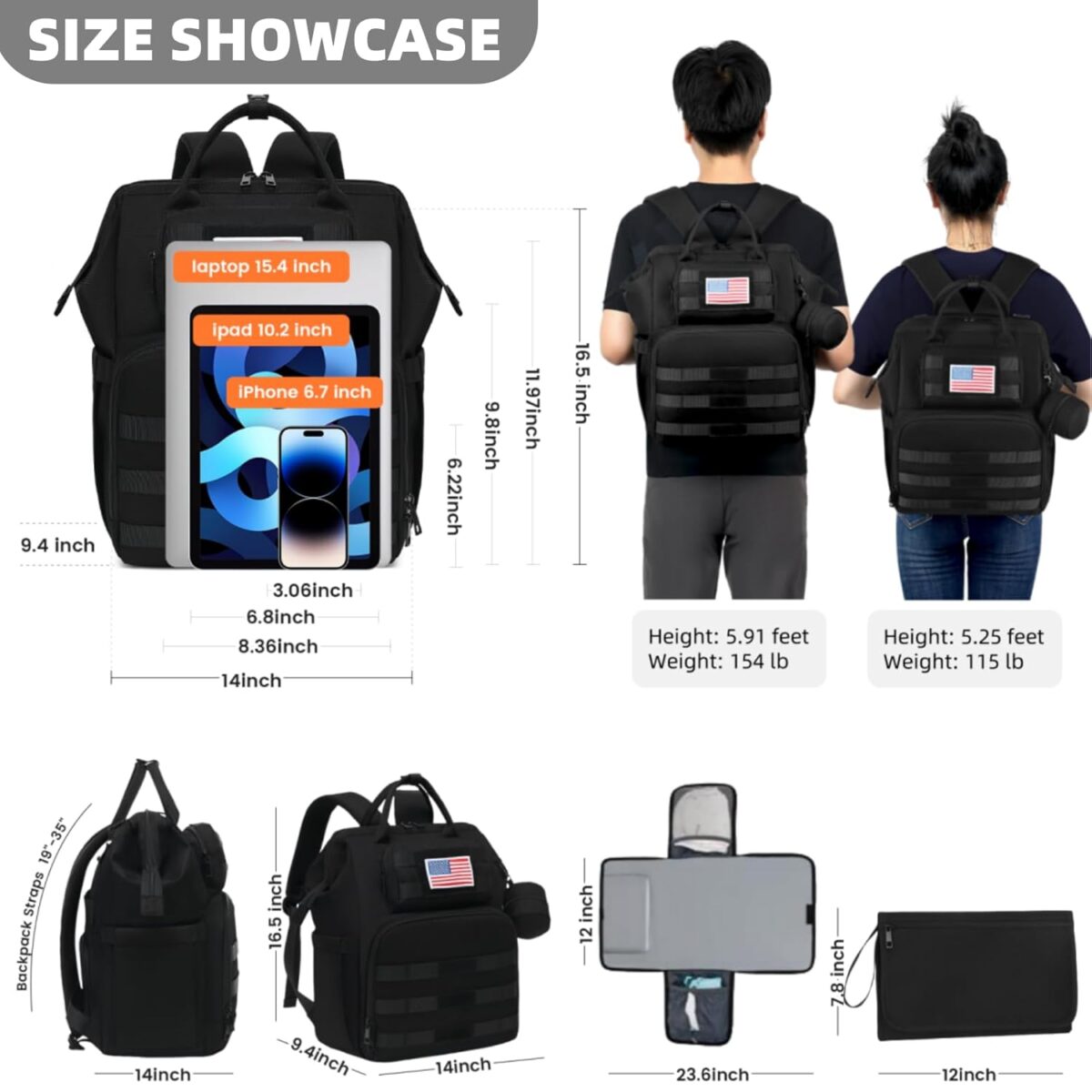 Diaper Bag Backpack for Dad and Men, Large Travel Baby Bag with Changing Pad, Pacifier Case, Removable Flag Patch - Baby Shower Gifts - Shadow Black - Image 8