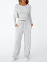 Trendy Queen Women's 2 Piece Matching Lounge Set Long Sleeve Slightly Crop Top Wide Leg Pants Casual Sweatsuit - Image 3