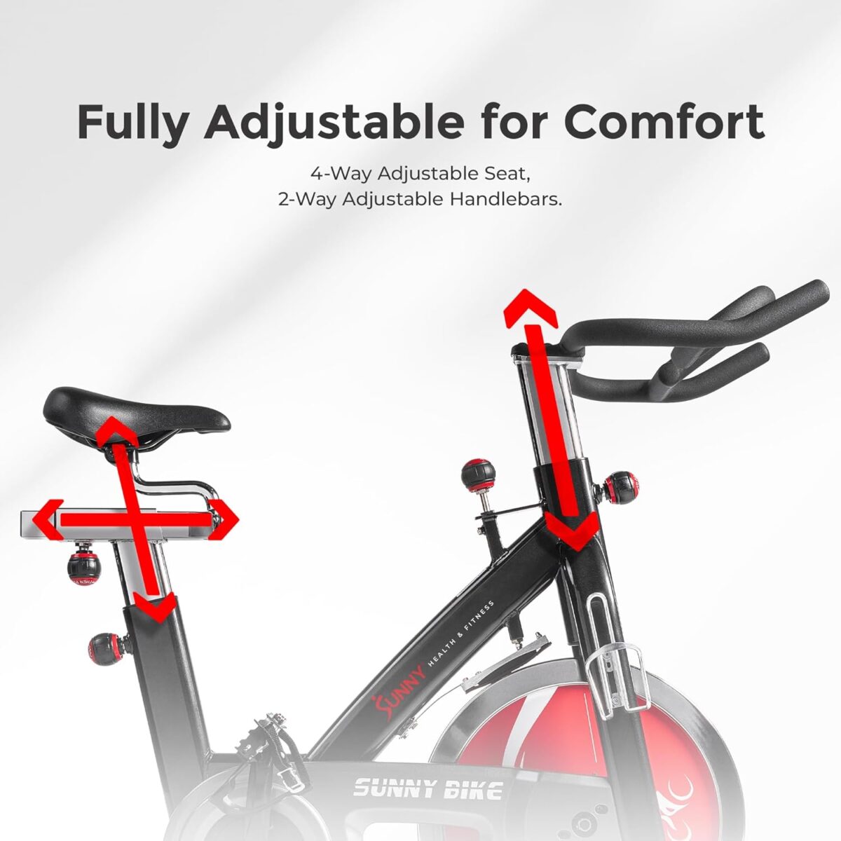 Sunny Health & Fitness Heavy-Duty Indoor Stationary Exercise Bike w/49 LB Flywheel & 275LB Capacity, 4-Way Adjustable Seat & Multi-Grip Handlebar for Cardio Training & Cycling workout at Home - Image 6