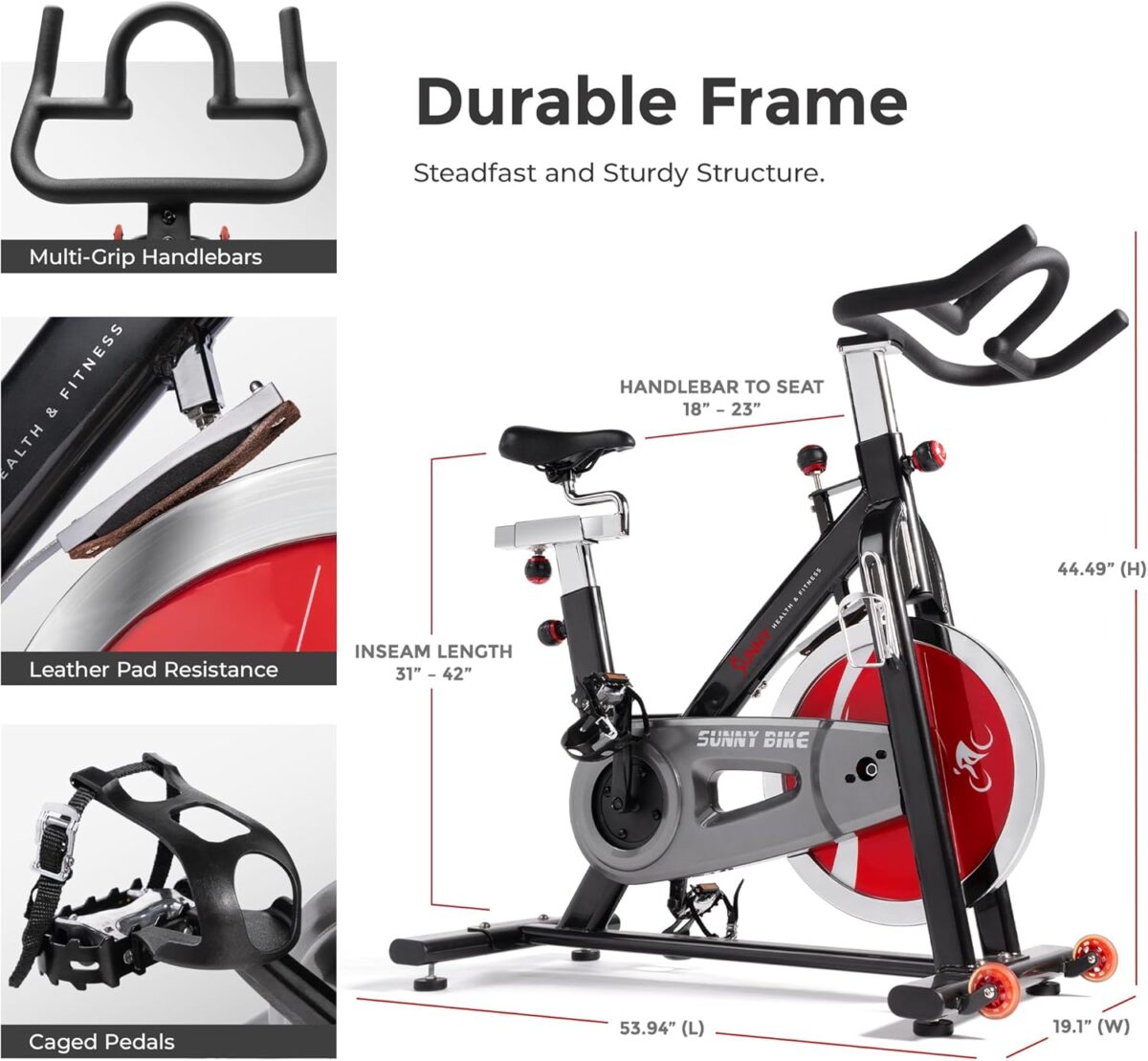 Sunny Health & Fitness Heavy-Duty Indoor Stationary Exercise Bike w/49 LB Flywheel & 275LB Capacity, 4-Way Adjustable Seat & Multi-Grip Handlebar for Cardio Training & Cycling workout at Home - Image 8