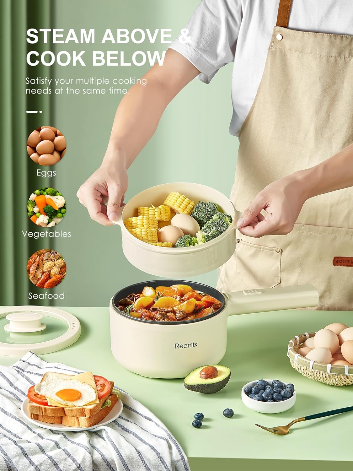 1761005662_Hot-Pot-Electric-With-Steamer-1.6L-Ramen-Cooker-Non-Stick-Saute-Pan-for-Steak-Egg-Fried-Rice-Ramen-Oatmeal-Soup-Portable-Personal-Perfect-Suit-Dorm-Room-and-Apartment-White.jpg Hot Pot Electric With Steamer, 1.6L Ramen Cooker Non-Stick Sauté Pan for Steak, Egg, Fried Rice, Ramen, Oatmeal, Soup, Portable Personal Perfect Suit Dorm Room and Apartment (White) - Image 7