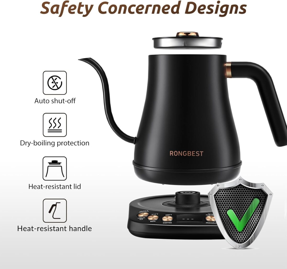 Electric Gooseneck Kettle, 1200W, 6 Temperature Settings, Stainless Steel Inner Lid & Bottom, 1L Quick Heating Pour Over Kettle for Coffee & Tea, Matte Black - Image 7