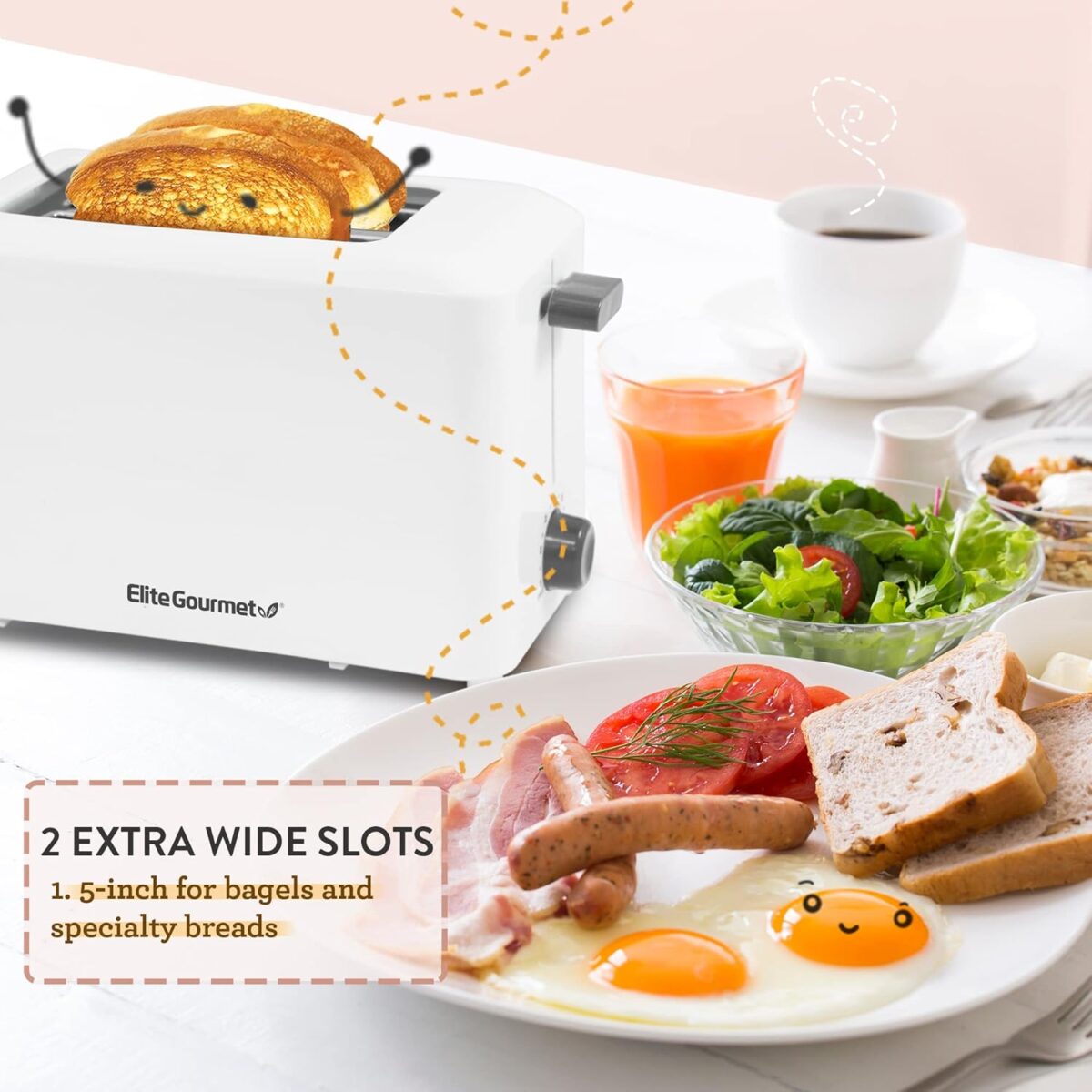 Elite Gourmet ECT-1027 Cool Touch Toaster, 7 Toast Settings Cancel Functions, Slide Out Crumb Tray, Extra Wide 1.5" Slots for Bagels Waffles Specialty Breads, Puff Pastry, Snacks, White - Image 6