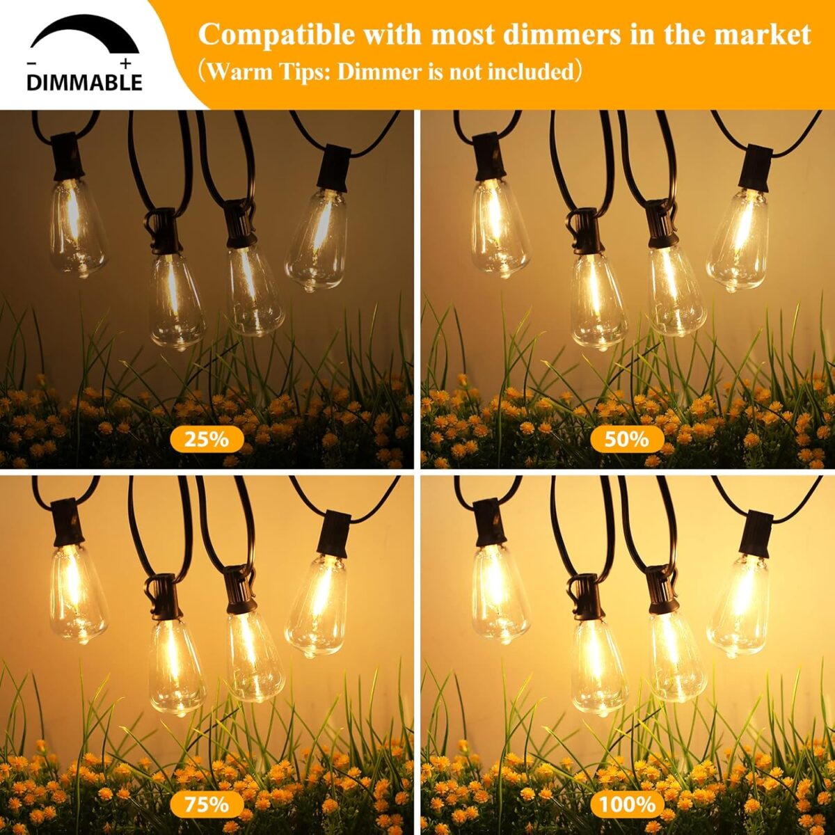 Brightever LED Outdoor String Lights 100FT Patio Lights with 52 Shatterproof ST38 Vintage Edison Bulbs, Outside Hanging Light Waterproof for Porch, Deck, Garden, Backyard, Balcony, Dimmable 2700K - Image 5