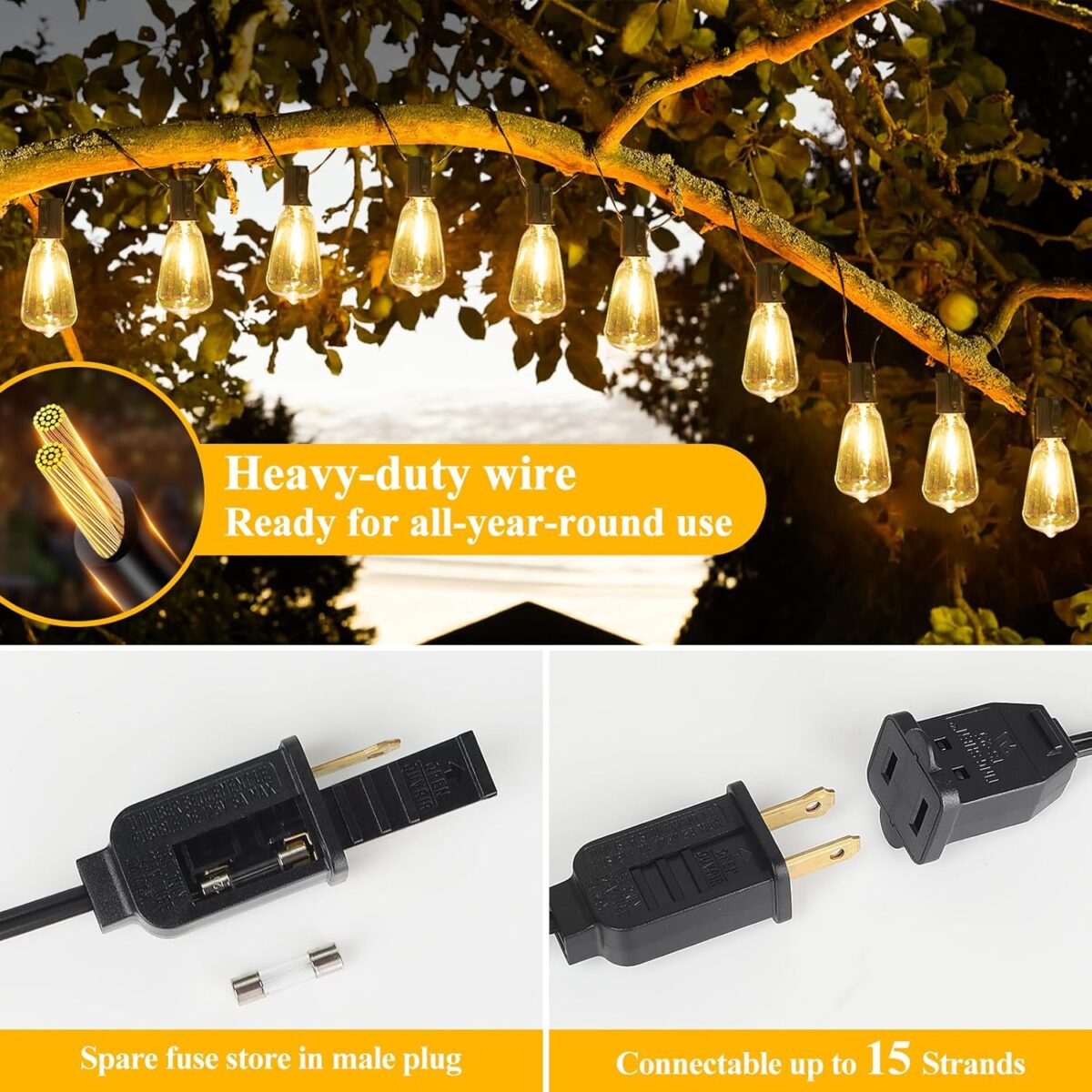 Brightever LED Outdoor String Lights 100FT Patio Lights with 52 Shatterproof ST38 Vintage Edison Bulbs, Outside Hanging Light Waterproof for Porch, Deck, Garden, Backyard, Balcony, Dimmable 2700K - Image 7