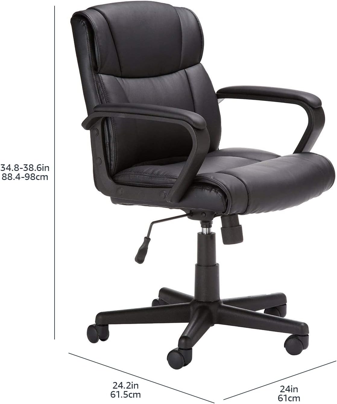 1761032901_Amazon-Basics-Office-Computer-Task-Desk-Chair-with-Padded-Armrests-Mid-Back-Adjustable-360-Swivel-Rolling-275-Pound-Capacity-24.2D-x-24W-x-34.8H-Black-Faux-Leather.jpg Amazon Basics Office Computer Task Desk Chair with Padded Armrests, Mid-Back, Adjustable, 360 Swivel, Rolling, 275 Pound Capacity, 24.2"D x 24"W x 34.8"H, Black Faux Leather - Image 4