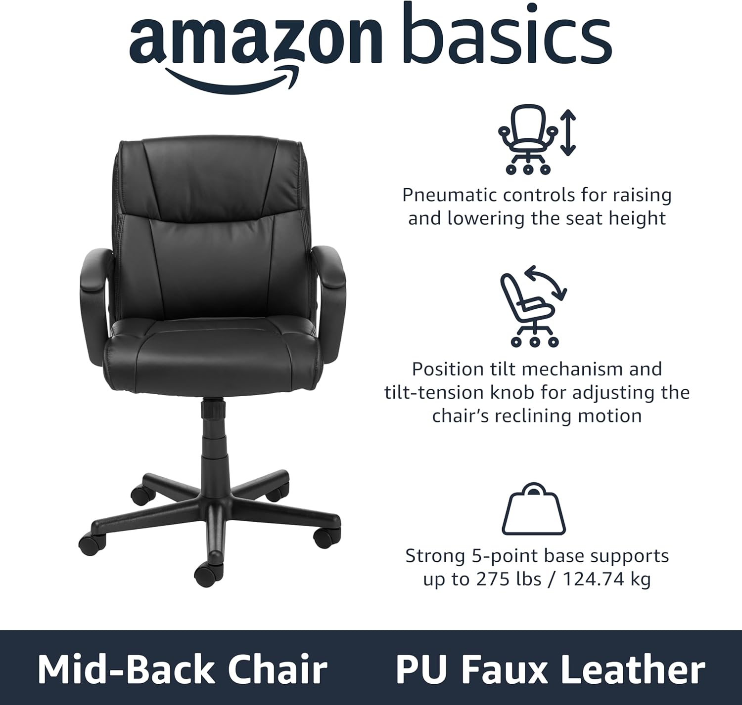 1761032902_Amazon-Basics-Office-Computer-Task-Desk-Chair-with-Padded-Armrests-Mid-Back-Adjustable-360-Swivel-Rolling-275-Pound-Capacity-24.2D-x-24W-x-34.8H-Black-Faux-Leather.jpg Amazon Basics Office Computer Task Desk Chair with Padded Armrests, Mid-Back, Adjustable, 360 Swivel, Rolling, 275 Pound Capacity, 24.2"D x 24"W x 34.8"H, Black Faux Leather - Image 5
