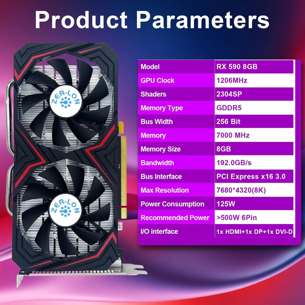 Radeon RX 590 8GB GME Graphics Card, 2304SP GDDR5 256 Bit PCIE 3.0X16 Computer Gaming Gpu, Dual Freeze Fans Video Card with HDMI/DP/DVI Ports Support 8K - Image 3