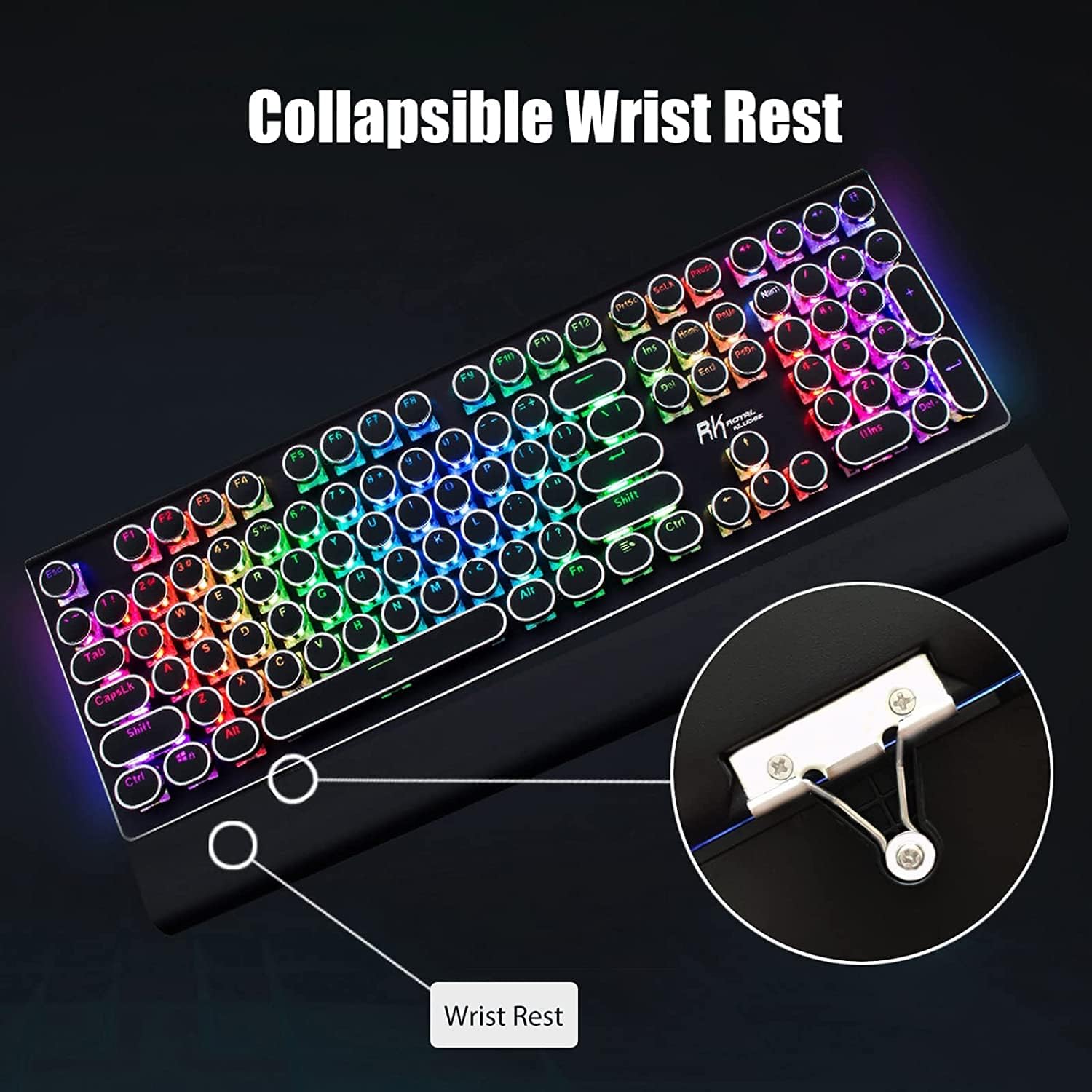 1761033113_RK-ROYAL-KLUDGE-S108-Typewriter-Keyboard-Retro-Mechanical-Gaming-Keyboard-Wired-108-Keys-with-RGB-Backlit-Sidelight-Detachable-Wrist-Rest-Round-Keycaps-Blue-Switches-Black.jpg RK ROYAL KLUDGE S108 Typewriter Keyboard, Retro Mechanical Gaming Keyboard Wired 108 Keys with RGB Backlit Sidelight, Detachable Wrist Rest, Round Keycaps Blue Switches - Black - Image 4