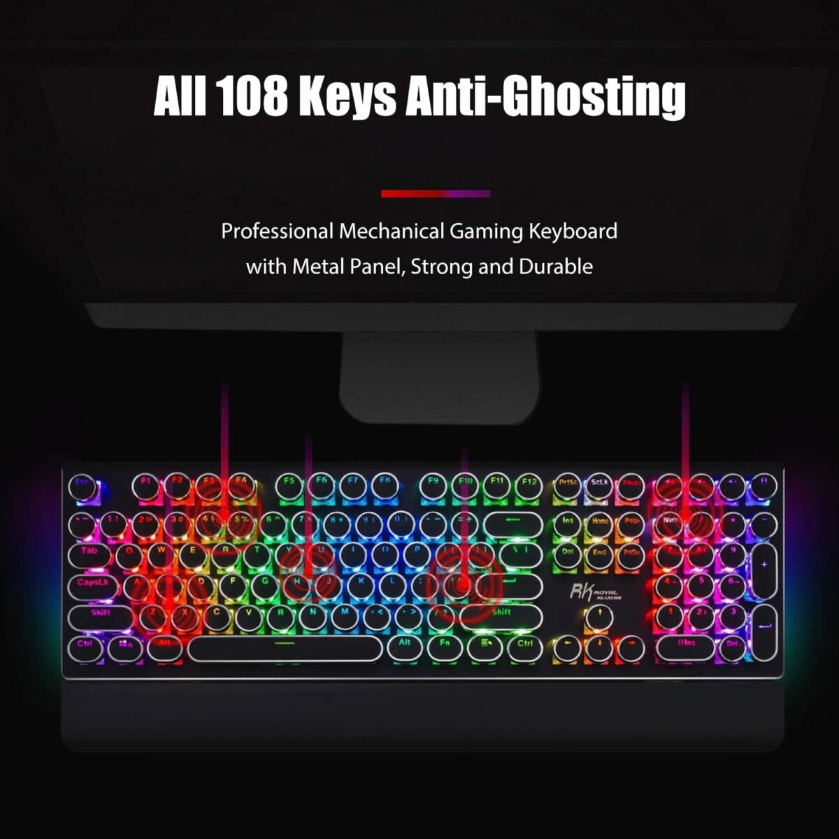 RK ROYAL KLUDGE S108 Typewriter Keyboard, Retro Mechanical Gaming Keyboard Wired 108 Keys with RGB Backlit Sidelight, Detachable Wrist Rest, Round Keycaps Blue Switches - Black - Image 5