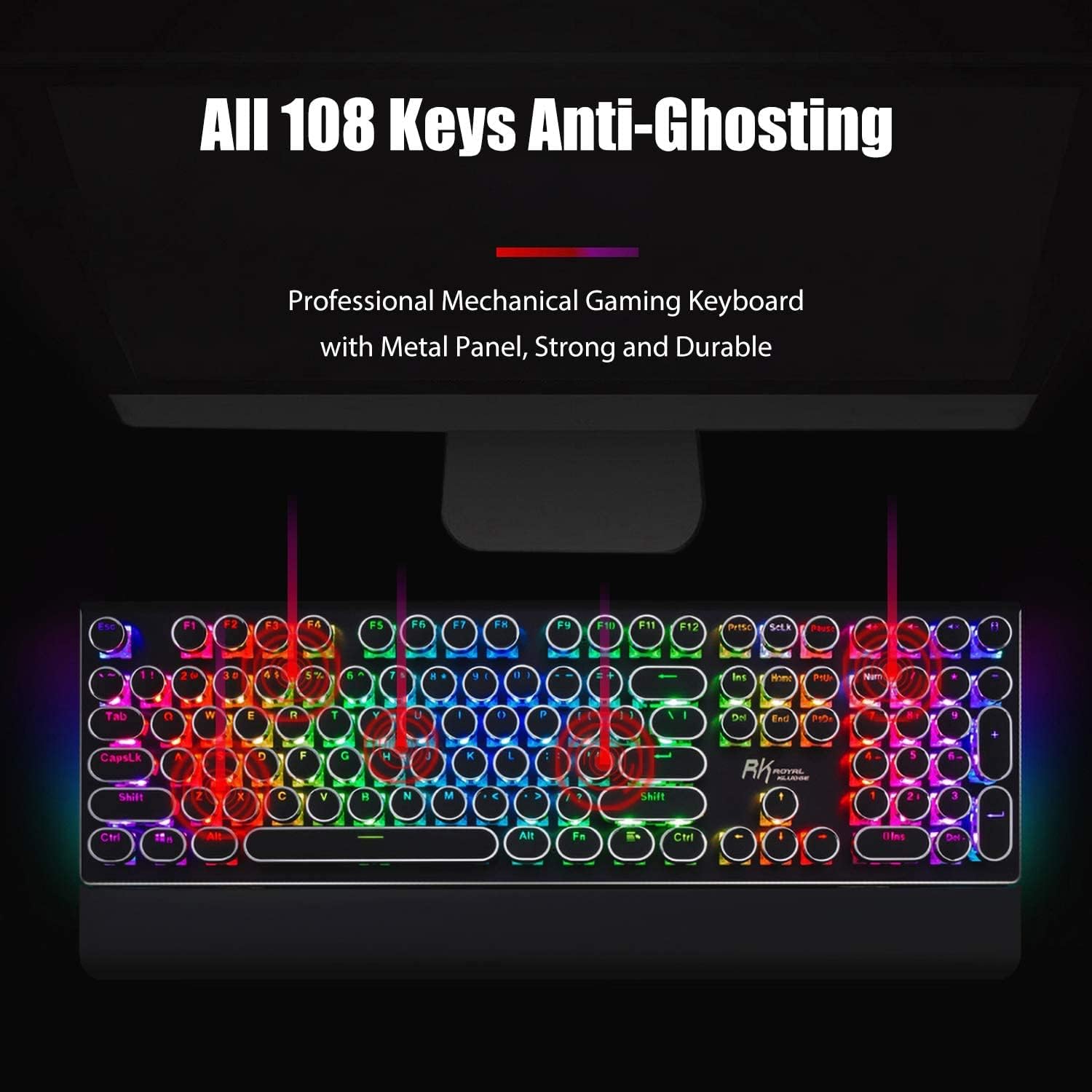 1761033115_RK-ROYAL-KLUDGE-S108-Typewriter-Keyboard-Retro-Mechanical-Gaming-Keyboard-Wired-108-Keys-with-RGB-Backlit-Sidelight-Detachable-Wrist-Rest-Round-Keycaps-Blue-Switches-Black.jpg RK ROYAL KLUDGE S108 Typewriter Keyboard, Retro Mechanical Gaming Keyboard Wired 108 Keys with RGB Backlit Sidelight, Detachable Wrist Rest, Round Keycaps Blue Switches - Black - Image 5