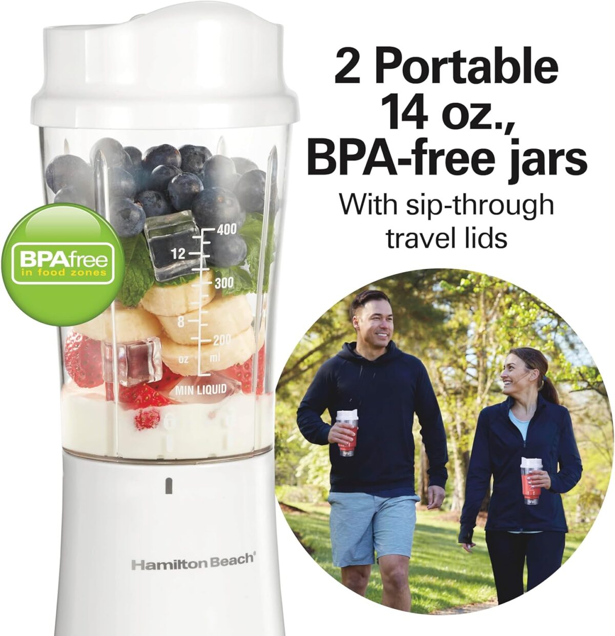 Hamilton Beach Portable Blender for Shakes and Smoothies, 14 Oz BPA Free Travel Cup & Lid, Durable Stainless Steel Blades, Personal Smoothie Blender, 2 Jars - White (51102V) - Image 8
