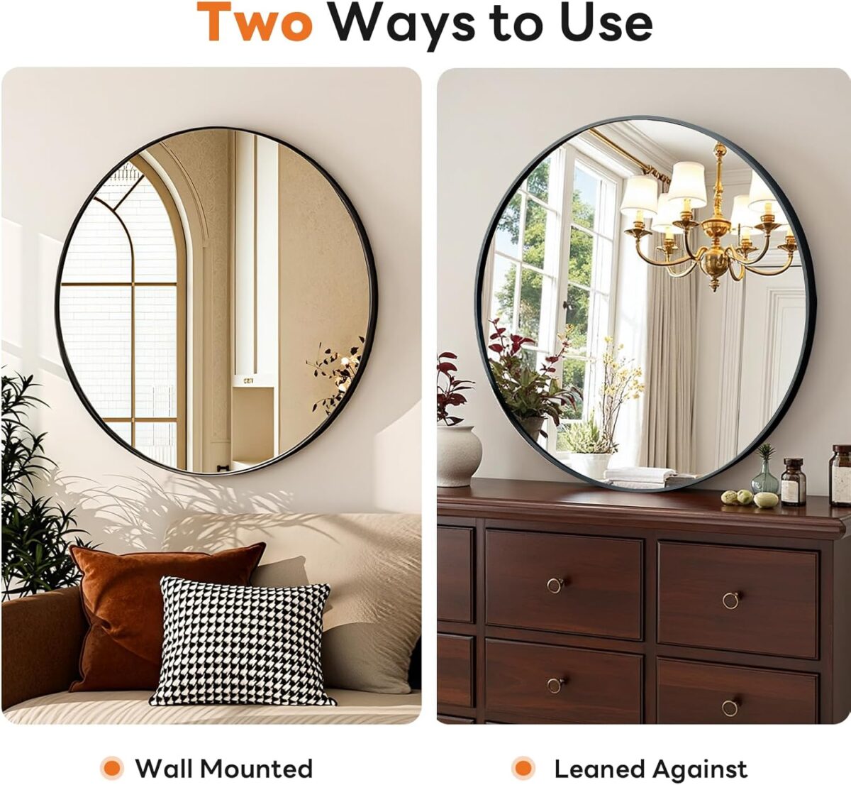 Round Bathroom Mirror 20 Inch Black Metal Framed Wall Mounted Circle Vanity Mirror for Bathroom, Bedroom, Living Room, Entryway, Anti-Rust, Modern Decorative, Hanging or Leaning - Image 6