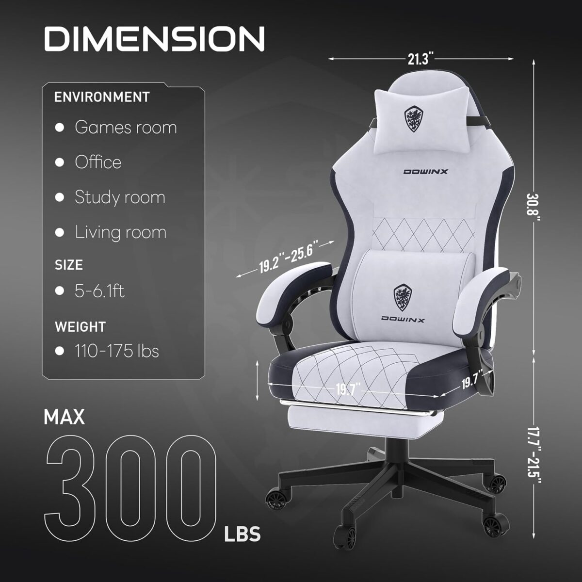 Dowinx Gaming Chair, Fabric Gaming Chairs for Adults with Pocket Spring Cushions and Lumbar Support, Ergonomic Massage Computer Chair with Footrest for Big and Tall, Gray - Image 4