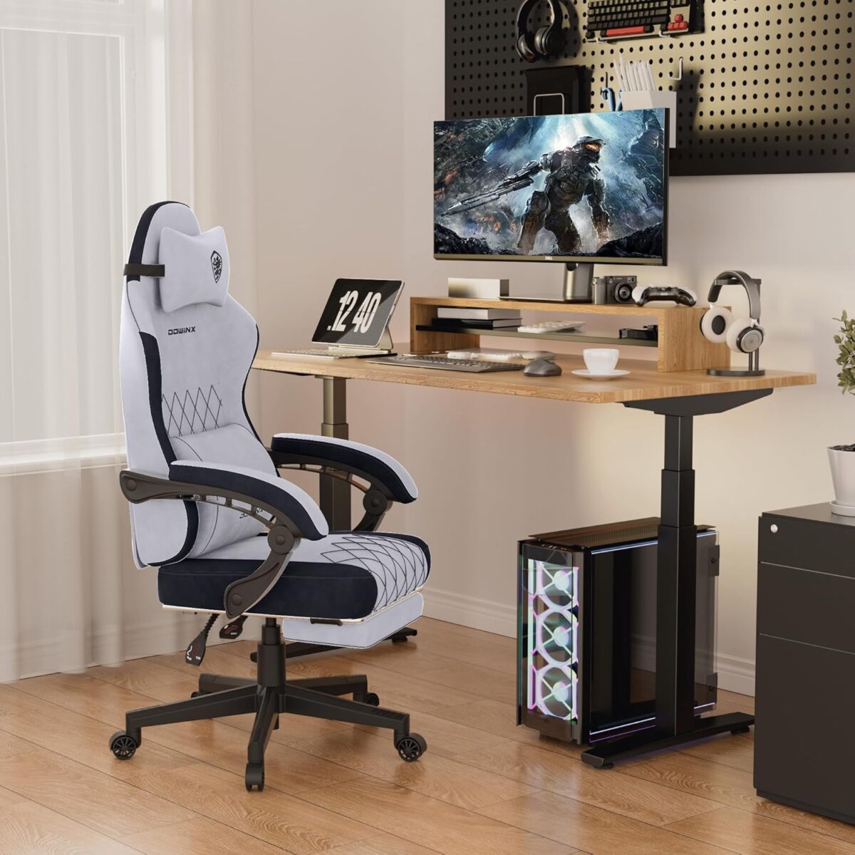 Dowinx Gaming Chair, Fabric Gaming Chairs for Adults with Pocket Spring Cushions and Lumbar Support, Ergonomic Massage Computer Chair with Footrest for Big and Tall, Gray - Image 8