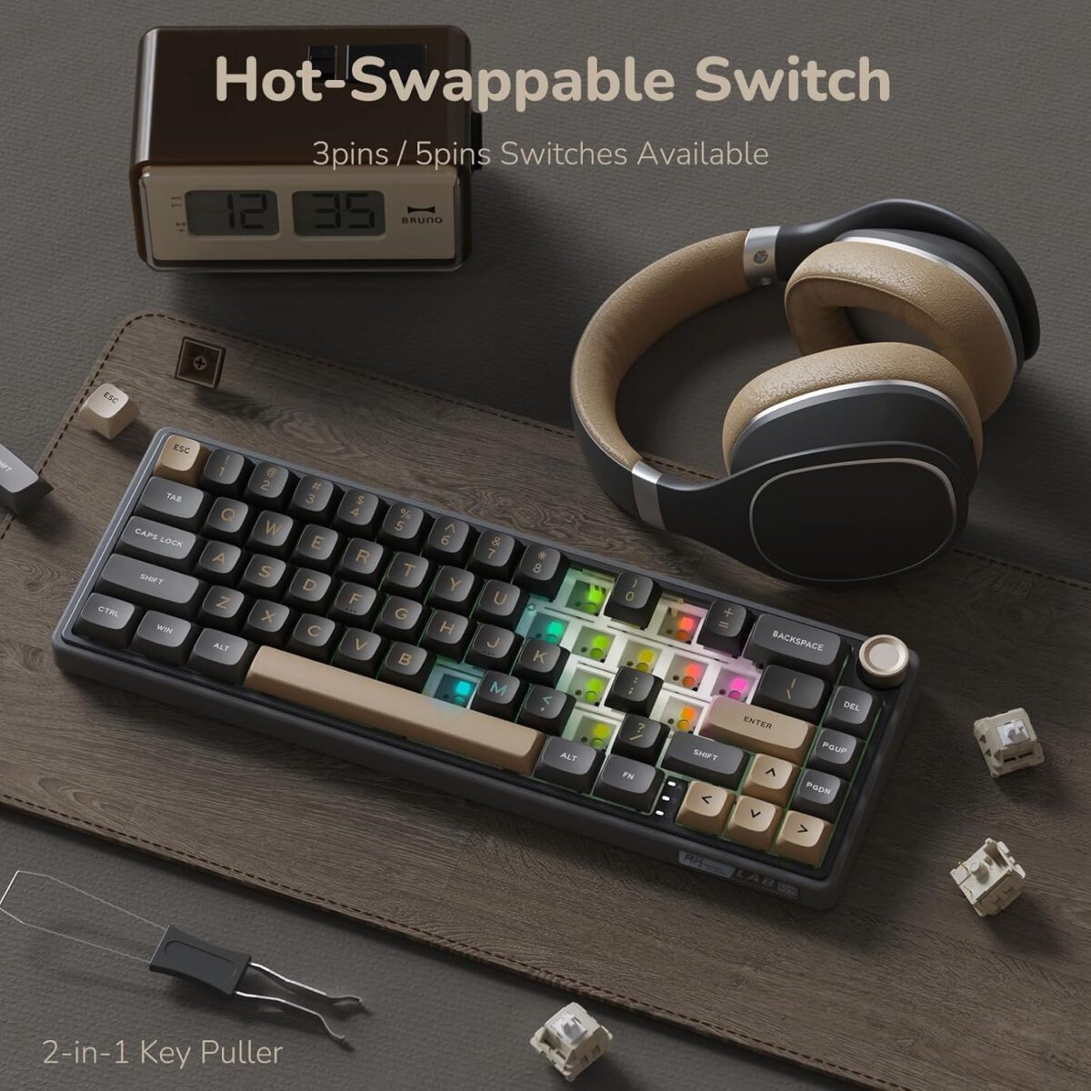 RK ROYAL KLUDGE R65 Wired Gaming Keyboard with Volume Knob, 60% Percent RGB Backlit Mechanical Keyboard Gasket Mount with PBT Keycaps, MDA Profile, QMK/VIA, 66 Keys Hot Swappable Cream Switch, Black - Image 6