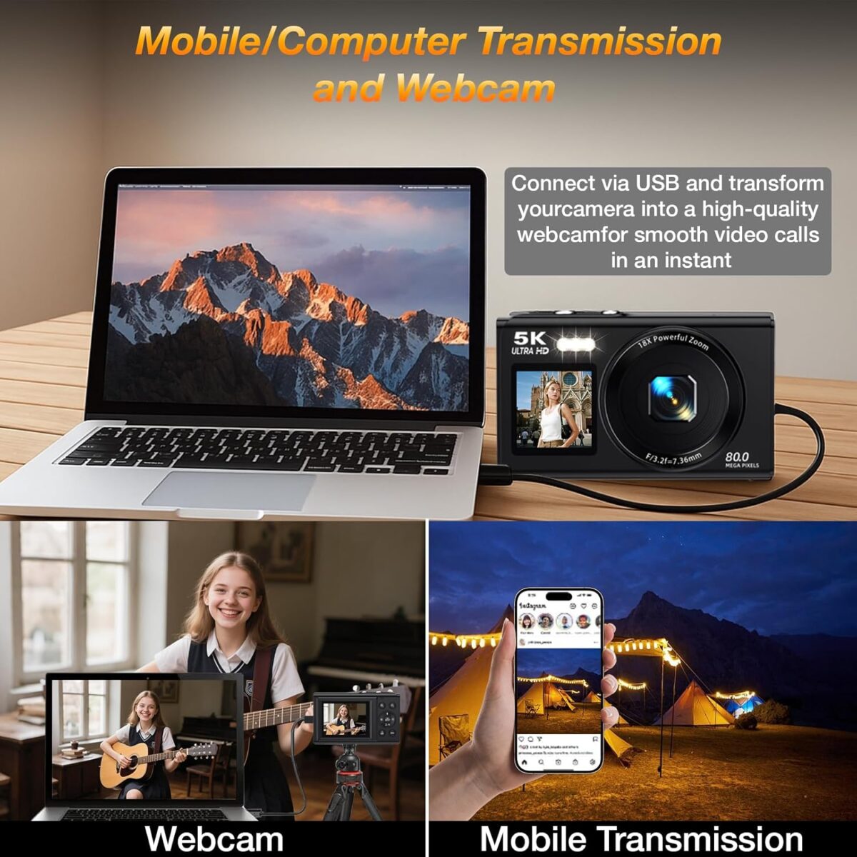 Dual Screen 5K Digital Camera for Vlogging, 80MP WiFi Camera with Front Display, 18X Zoom, Fill Light, Includes 64GB Card & 2 Batteries - Image 5