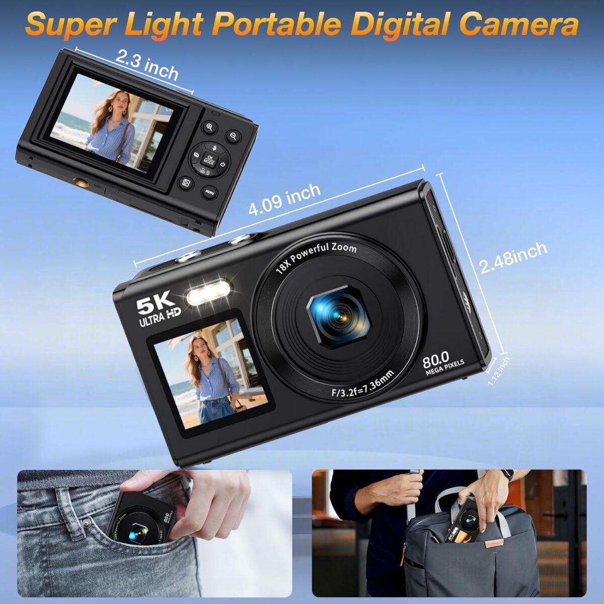 Dual Screen 5K Digital Camera for Vlogging, 80MP WiFi Camera with Front Display, 18X Zoom, Fill Light, Includes 64GB Card & 2 Batteries - Image 8