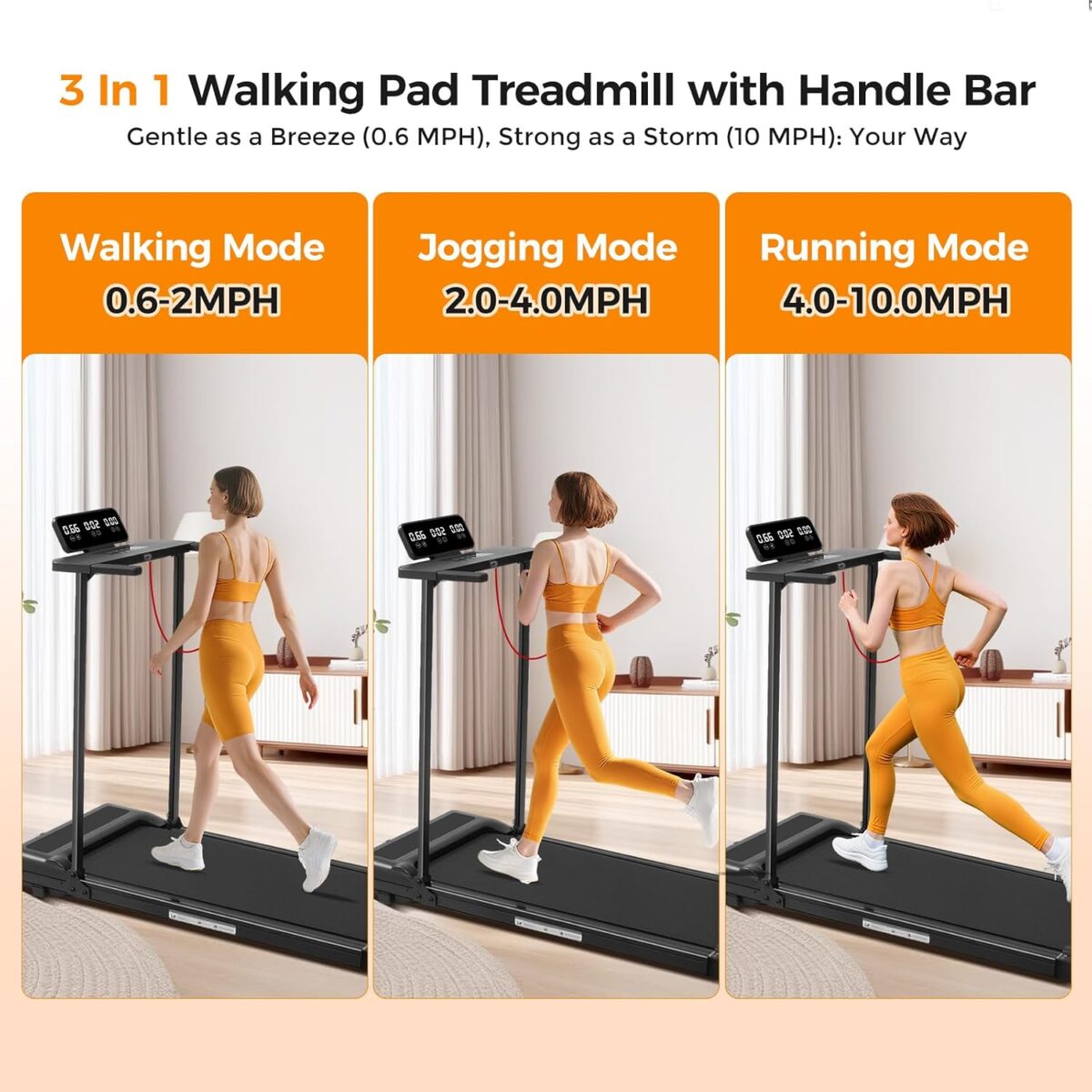Folding Walking Pad Treadmill with Handle Bar, 3.5HP Compact Portable Foldable Walking Pads Treadmill with Handles, Electric Small Treadmills for Home Office Apartment, LED Display, 400 LBS Capacity - Image 3