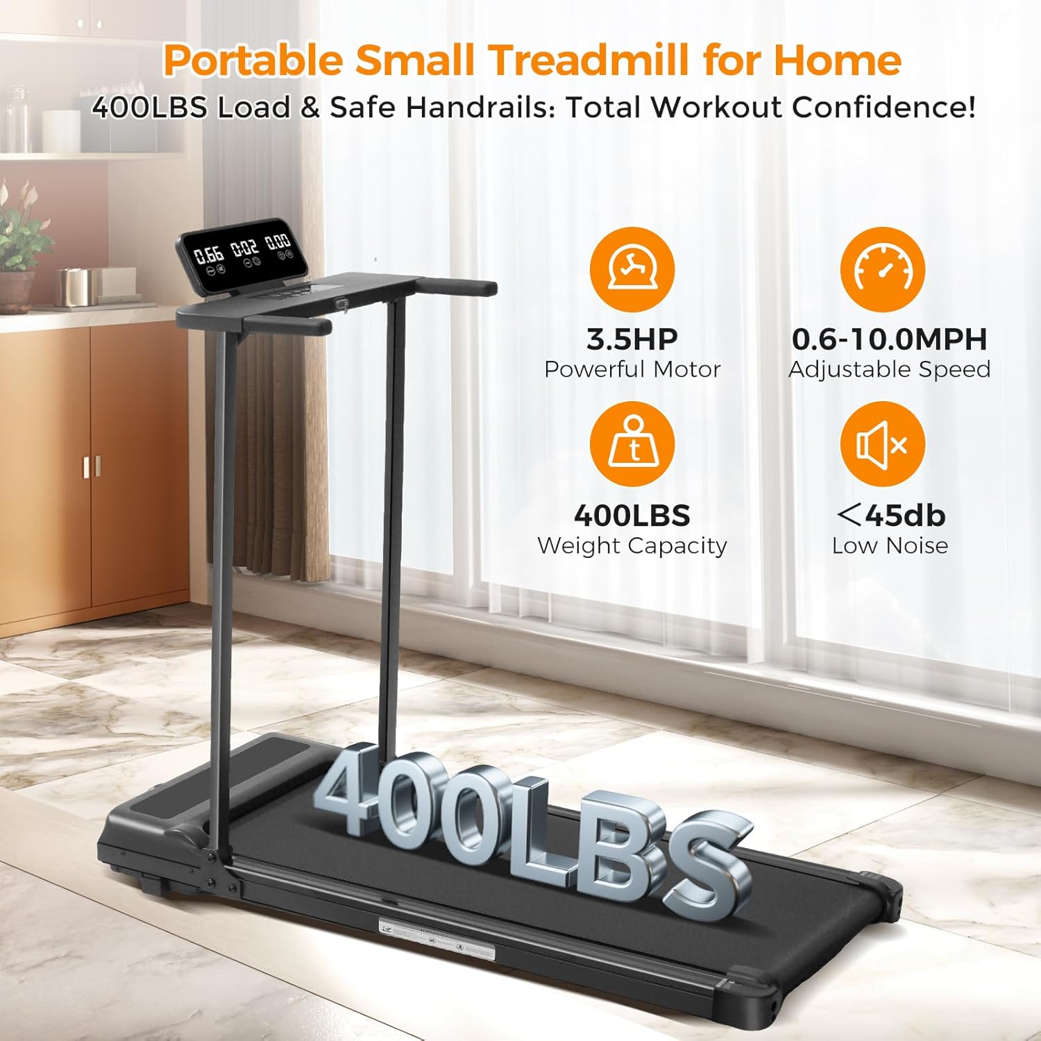 1761172772_Folding-Walking-Pad-Treadmill-with-Handle-Bar-3.5HP-Compact-Portable-Foldable-Walking-Pads-Treadmill-with-Handles-Electric-Small-Treadmills-for-Home-Office-Apartment-LED-Display-400-LBS-Capacity.jpg Folding Walking Pad Treadmill with Handle Bar, 3.5HP Compact Portable Foldable Walking Pads Treadmill with Handles, Electric Small Treadmills for Home Office Apartment, LED Display, 400 LBS Capacity - Image 9
