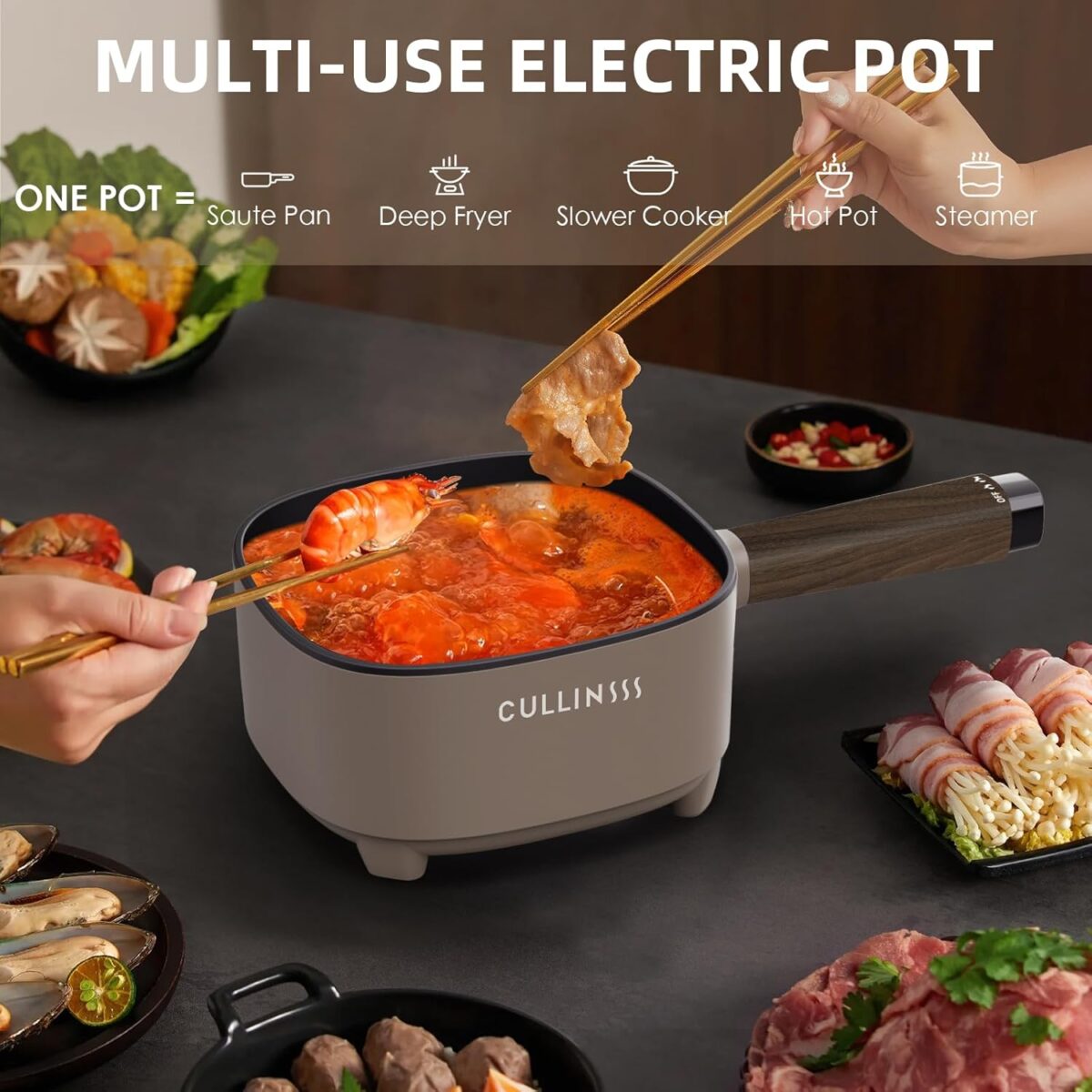 2L Hot Pot Electric with Steamer, Portable Electric Pot with Upgrade Titanium Nonstick Coating for Dorm, Office, Travel, Multi Cooker Pot for Ramen, Soup, Oatmeal (Tongs Included) - Image 4