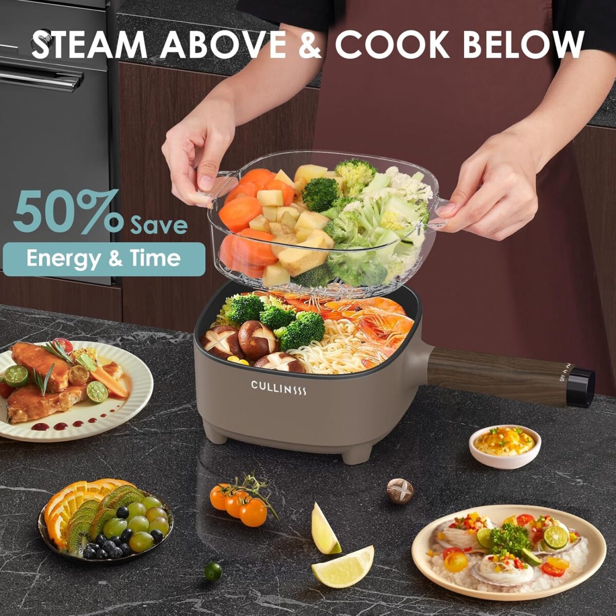 2L Hot Pot Electric with Steamer, Portable Electric Pot with Upgrade Titanium Nonstick Coating for Dorm, Office, Travel, Multi Cooker Pot for Ramen, Soup, Oatmeal (Tongs Included) - Image 7