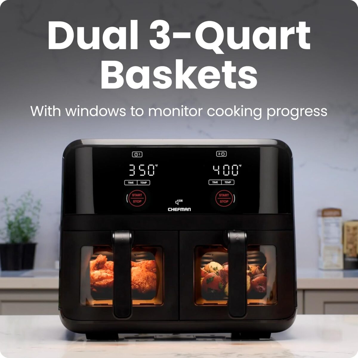CHEFMAN 6 Quart Dual Basket Air Fryer Oven with Easy View Windows, Sync Finish, Hi-Fry, Auto Shutoff, 2 Independent 3Qt Nonstick Dishwasher Safe Frying Baskets, Digital Double Air Fryer - Black - Image 6