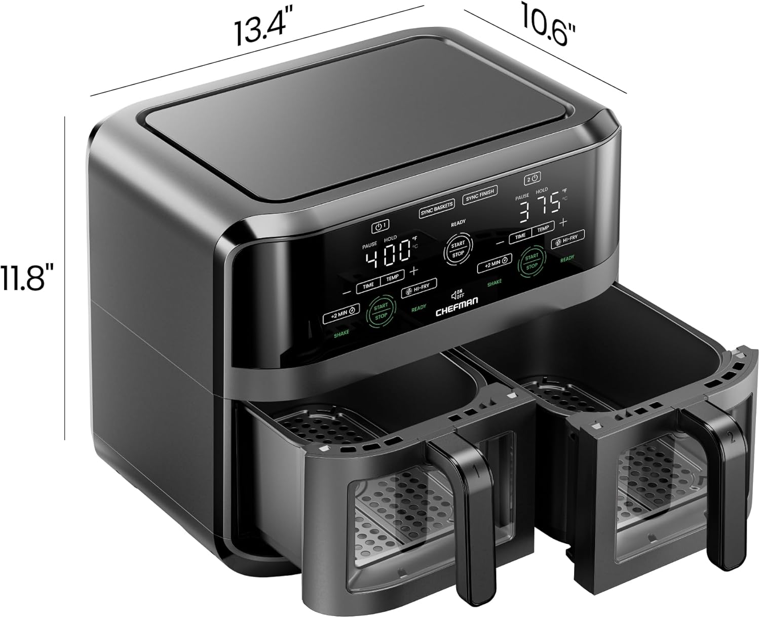 1761184649_CHEFMAN-6-Quart-Dual-Basket-Air-Fryer-Oven-with-Easy-View-Windows-Sync-Finish-Hi-Fry-Auto-Shutoff-2-Independent-3Qt-Nonstick-Dishwasher-Safe-Frying-Baskets-Digital-Double-Air-Fryer-Black.jpg CHEFMAN 6 Quart Dual Basket Air Fryer Oven with Easy View Windows, Sync Finish, Hi-Fry, Auto Shutoff, 2 Independent 3Qt Nonstick Dishwasher Safe Frying Baskets, Digital Double Air Fryer - Black - Image 9