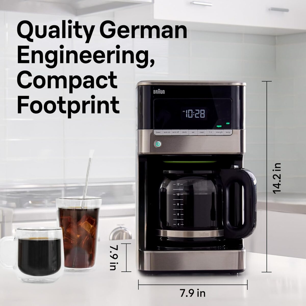 Braun BrewSense 12 Cup Drip Coffee Maker - Pause & Pour Mid Brew, Coffee Machine with 24-Hour Timer & Clock, Bold & Regular Strength, 1-4 Cup Functions, Self Clean, Auto Shutoff, Stainless Steel - Image 4