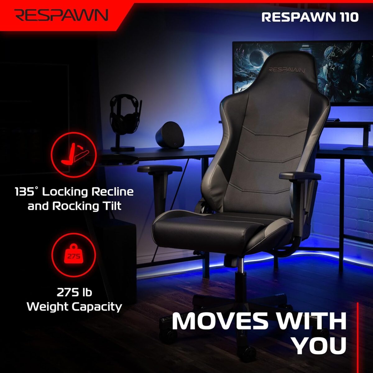 RESPAWN 110 Ergonomic Gaming Chair - Racing Style High Back PC Computer Desk Office Chair - 360 Swivel, Integrated Headrest, 135 Degree Recline with Adjustable Tilt Tension & Angle Lock - 2023 Grey - Image 6