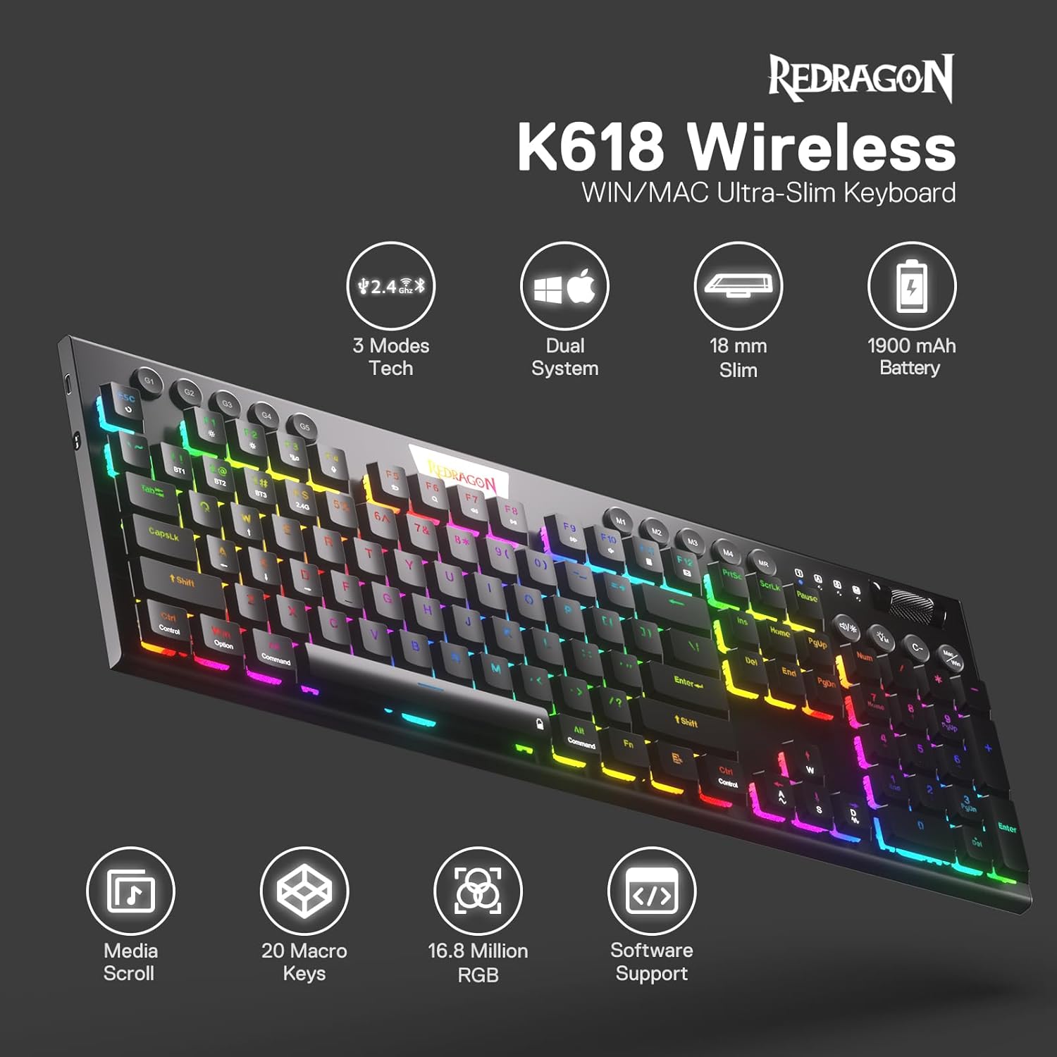 1761209403_Redragon-K618-PRO-3-Mode-Wireless-RGB-Mechanical-Keyboard-BT2.4GhzWired-Low-Profile-WinMac-Gaming-Keyboard-wUltra-Thin-Design-Dedicated-Media-Control-Linear-Red-Switch.jpg Redragon K618 PRO 3-Mode Wireless RGB Mechanical Keyboard, BT/2.4Ghz/Wired Low Profile Win/Mac Gaming Keyboard w/Ultra-Thin Design, Dedicated Media Control & Linear Red Switch - Image 3