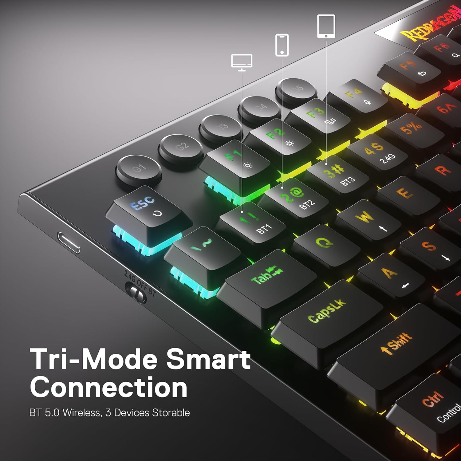 1761209407_Redragon-K618-PRO-3-Mode-Wireless-RGB-Mechanical-Keyboard-BT2.4GhzWired-Low-Profile-WinMac-Gaming-Keyboard-wUltra-Thin-Design-Dedicated-Media-Control-Linear-Red-Switch.jpg Redragon K618 PRO 3-Mode Wireless RGB Mechanical Keyboard, BT/2.4Ghz/Wired Low Profile Win/Mac Gaming Keyboard w/Ultra-Thin Design, Dedicated Media Control & Linear Red Switch - Image 5