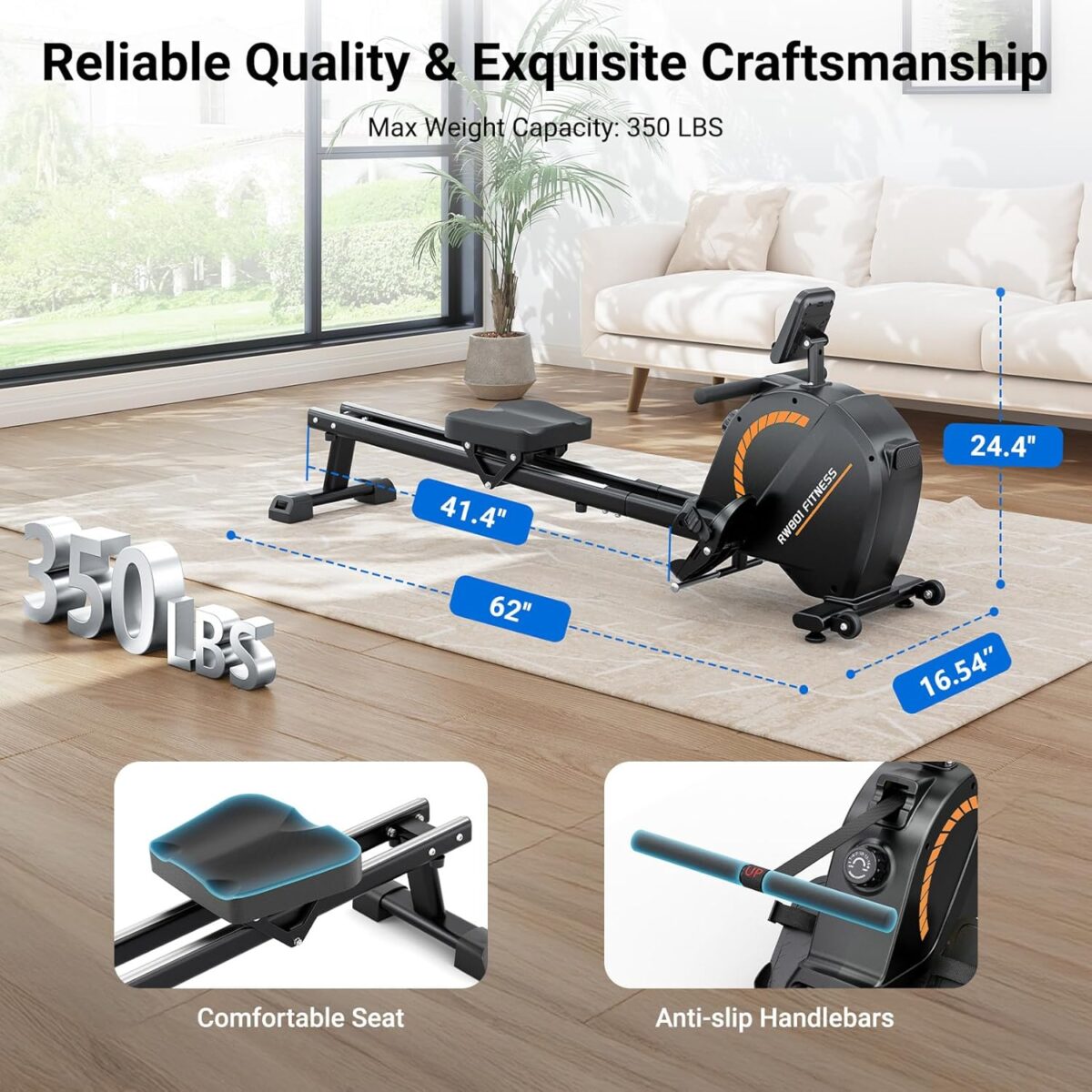 Dripex Rowing Machines for Home Use, Rowing Machine Magnetic Rower, 16 Levels of Workout Resistance, Max 350 LBS, Dual Slide Rail, Bluetooth App Compatible, LCD Monitor, Row Machine for Gym Exercise - Image 7