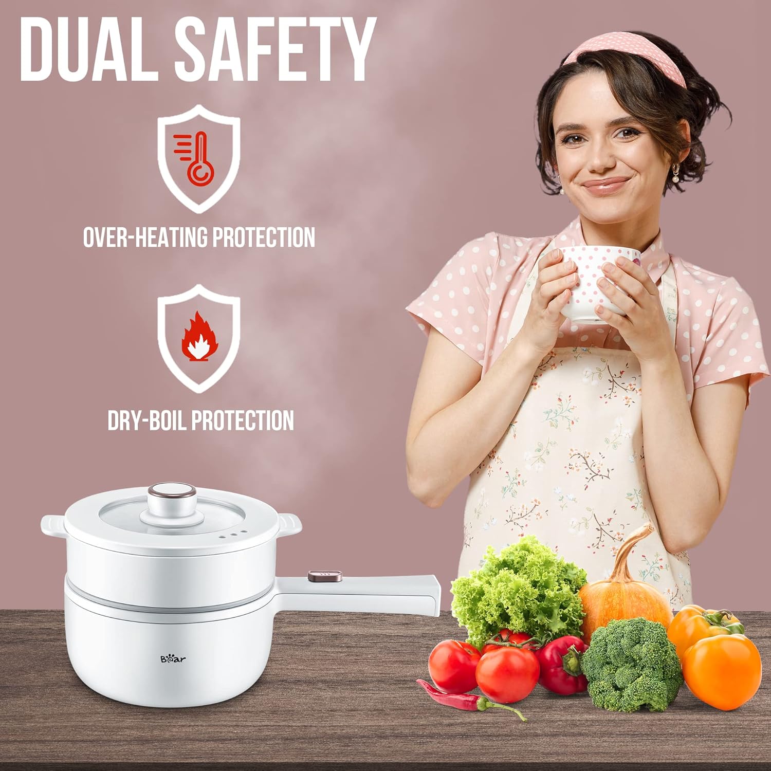 1761265336_Bear-Hot-Pot-Electric-with-Steamer-1.6L-Rapid-Noodles-Cooker-Mini-Pot-Non-Stick-Frying-Pan-for-Steak-Ramen-Egg-Oatmeal-Soup-with-Power-Adjustable.jpg Bear Hot Pot Electric with Steamer, 1.6L Rapid Noodles Cooker, Mini Pot, Non-Stick Frying Pan for Steak, Ramen, Egg, Oatmeal, Soup with Power Adjustable - Image 4
