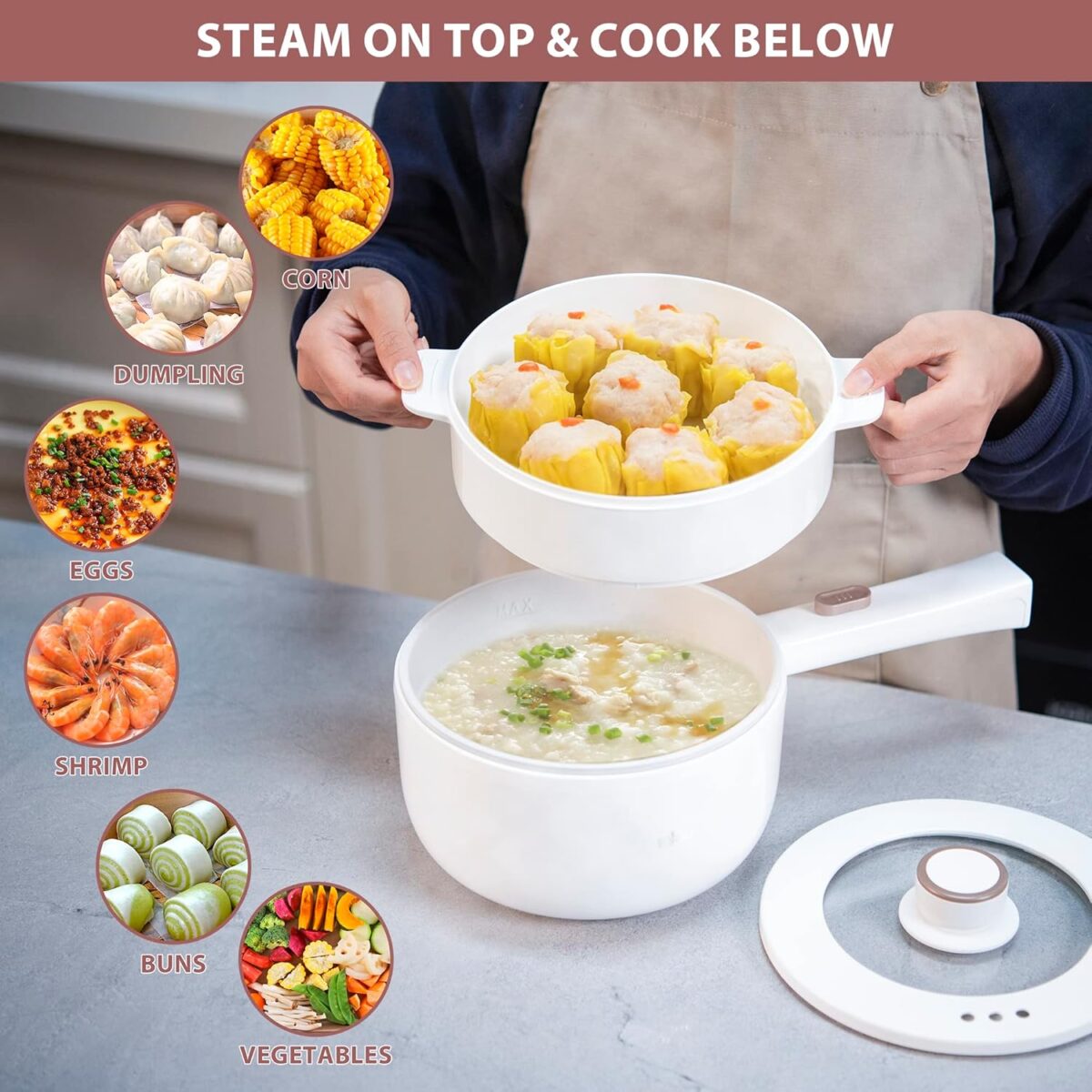 Bear Hot Pot Electric with Steamer, 1.6L Rapid Noodles Cooker, Mini Pot, Non-Stick Frying Pan for Steak, Ramen, Egg, Oatmeal, Soup with Power Adjustable - Image 5