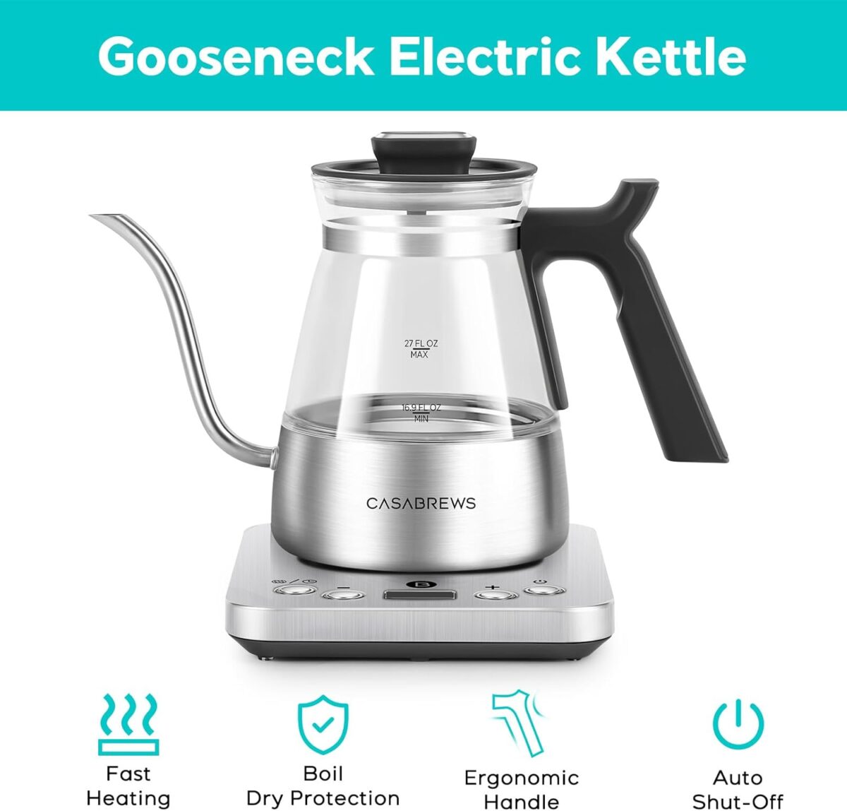 CASABREWS KEG5831 Gooseneck Electric Kettle, Stainless Steel Glass with Temperature Control & Reservation Time Function, Pour Over Kettle for Coffee & Tea, Fast Boiling, Auto Shut-Off, 1200W/0.8L - Image 3