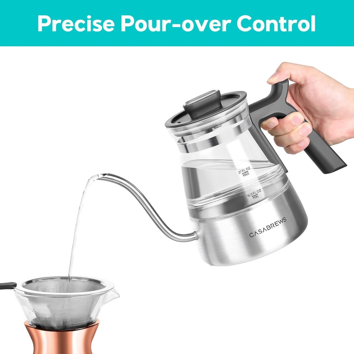 CASABREWS KEG5831 Gooseneck Electric Kettle, Stainless Steel Glass with Temperature Control & Reservation Time Function, Pour Over Kettle for Coffee & Tea, Fast Boiling, Auto Shut-Off, 1200W/0.8L - Image 4