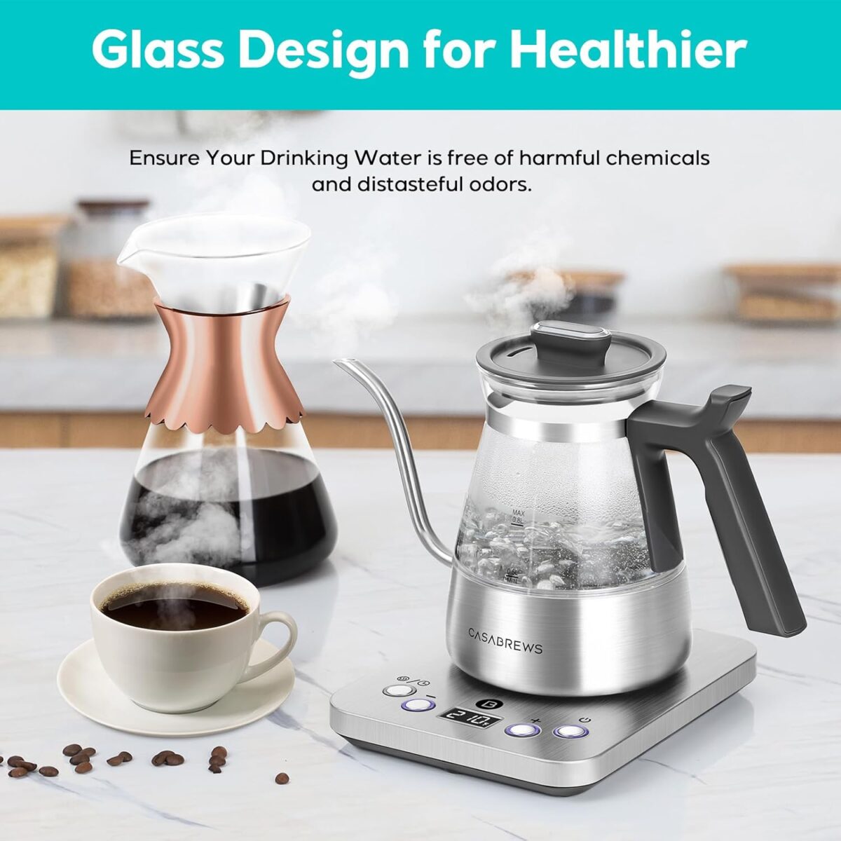 CASABREWS KEG5831 Gooseneck Electric Kettle, Stainless Steel Glass with Temperature Control & Reservation Time Function, Pour Over Kettle for Coffee & Tea, Fast Boiling, Auto Shut-Off, 1200W/0.8L - Image 7