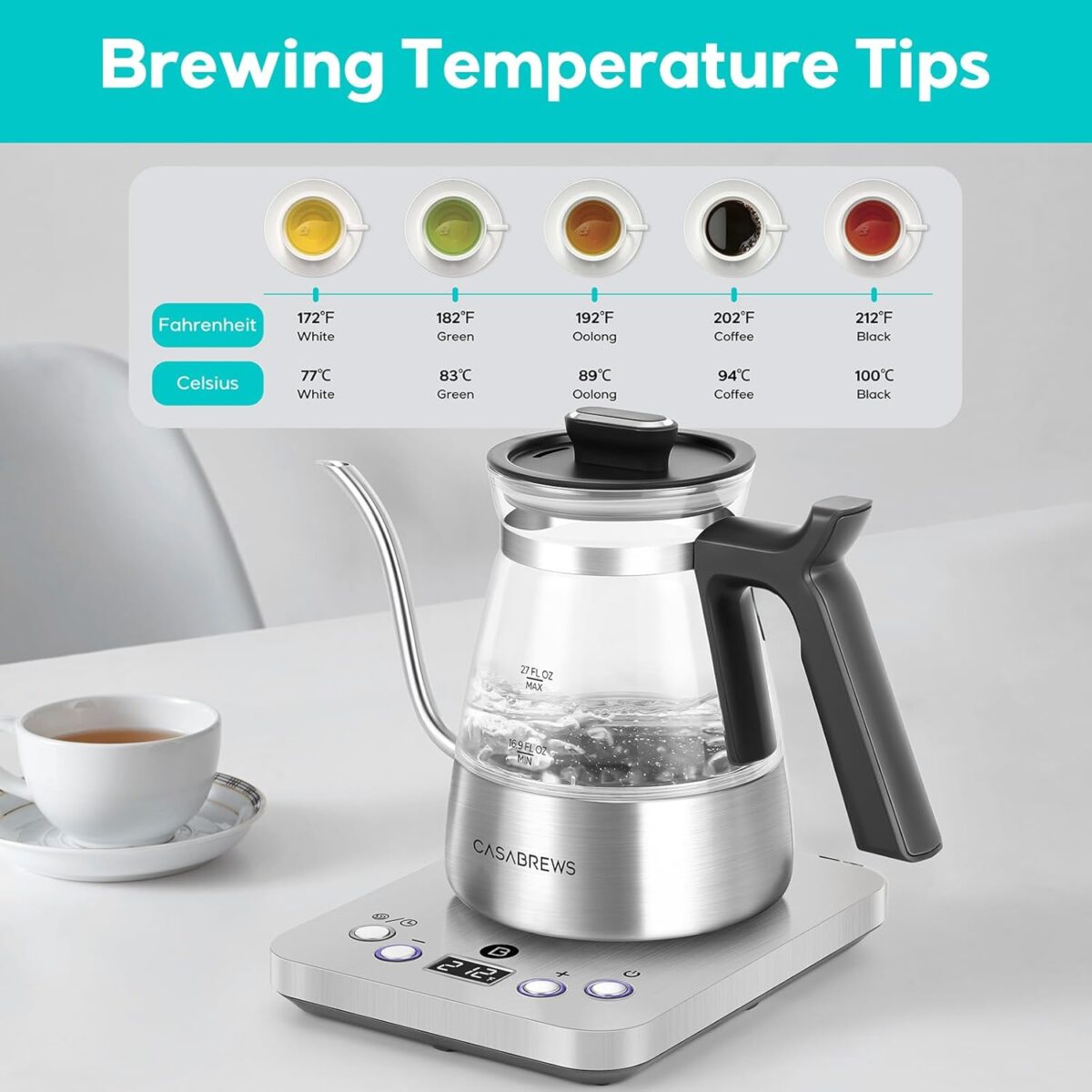 CASABREWS KEG5831 Gooseneck Electric Kettle, Stainless Steel Glass with Temperature Control & Reservation Time Function, Pour Over Kettle for Coffee & Tea, Fast Boiling, Auto Shut-Off, 1200W/0.8L - Image 8