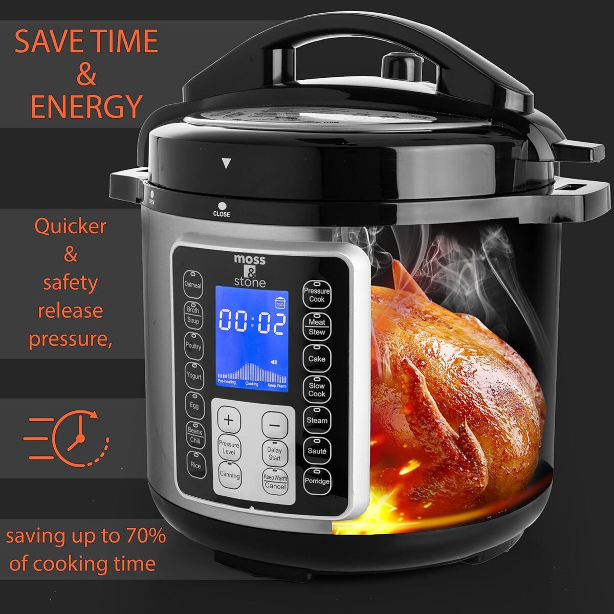 Moss & Stone Electric Pressure Cooker with Large LCD Display, Multi-Use 6 Quart Pot, 14-in-1 Cooker & Maker: Slow, Rice, Steam, Saute, Yogurt, Egg, Warmer - Image 4