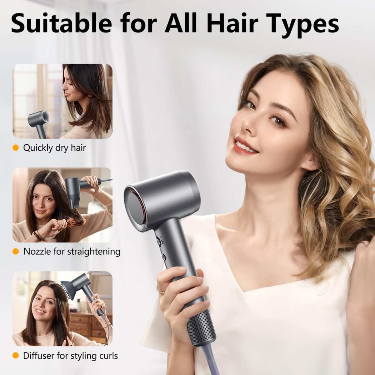 DYS0N Alternative Hair Dryer - 1 Min Fast Drying, High-Speed Blow Dryer with 500 Million Negative Ions, No Heat Damage, Low Noise, Lightweight, Professional Hairdryer with Diffuser & Nozzle, Gunmetal - Image 8